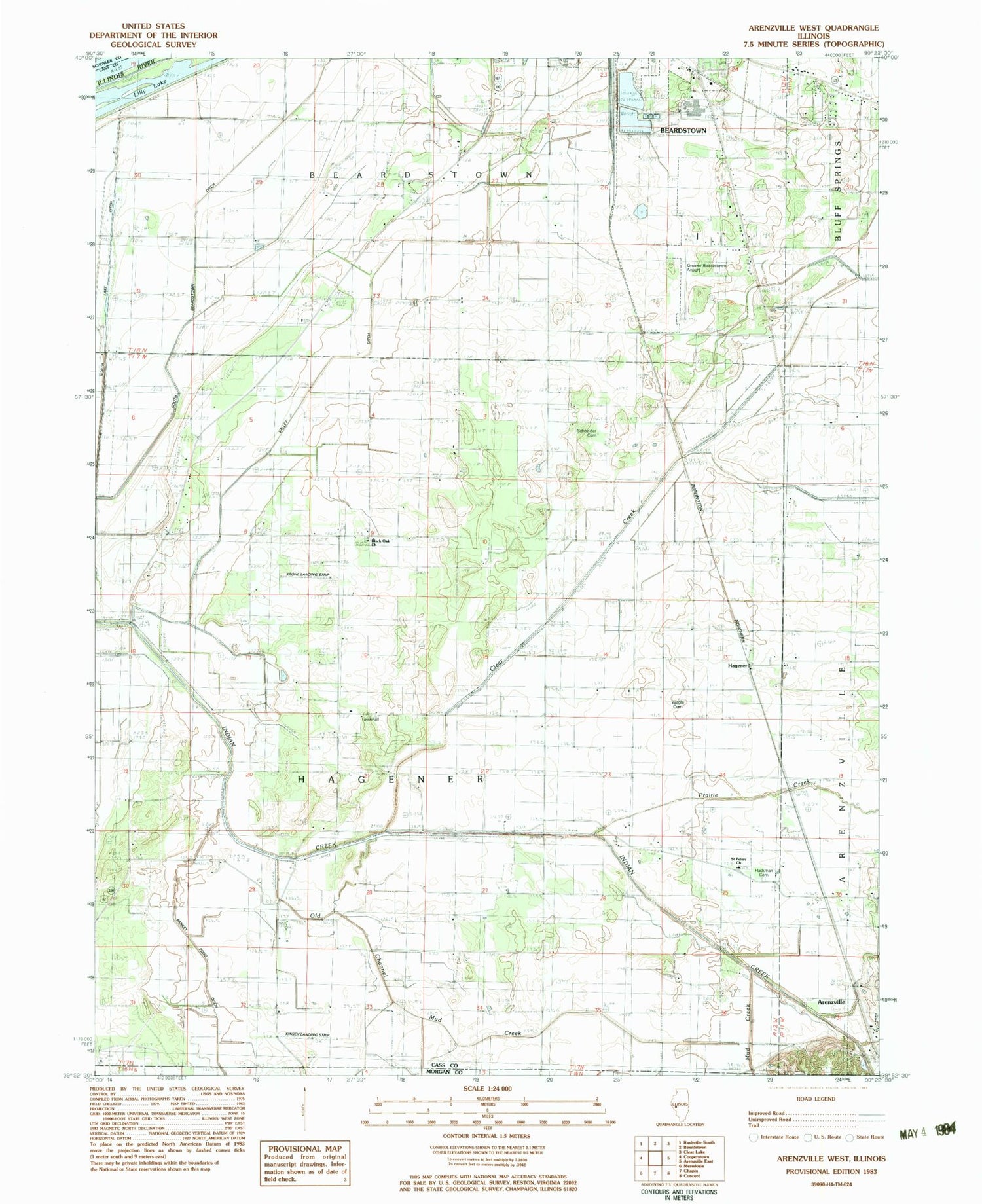 Classic USGS Arenzville West Illinois 7.5'x7.5' Topo Map Image