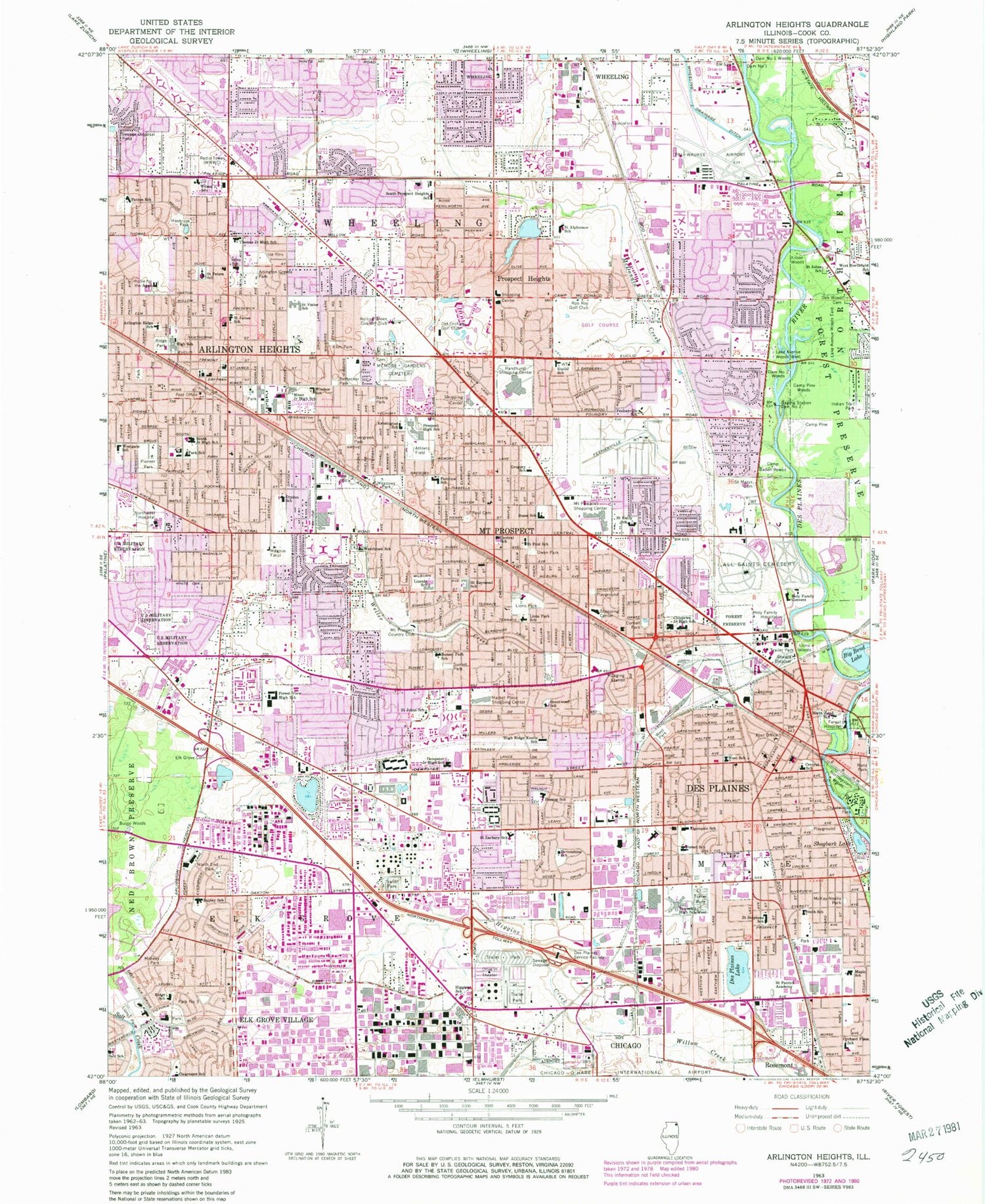 Classic USGS Arlington Heights Illinois 7.5'x7.5' Topo Map Image