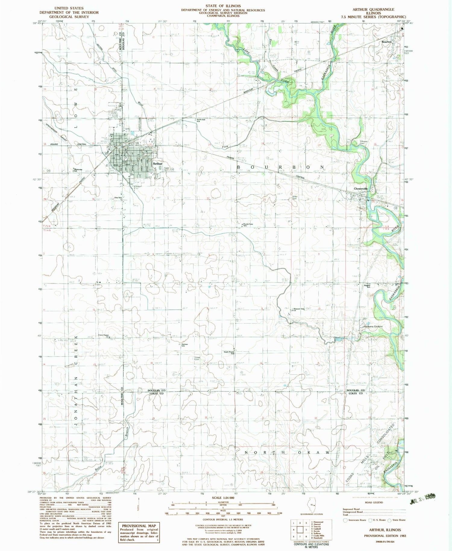 Classic USGS Arthur Illinois 7.5'x7.5' Topo Map Image