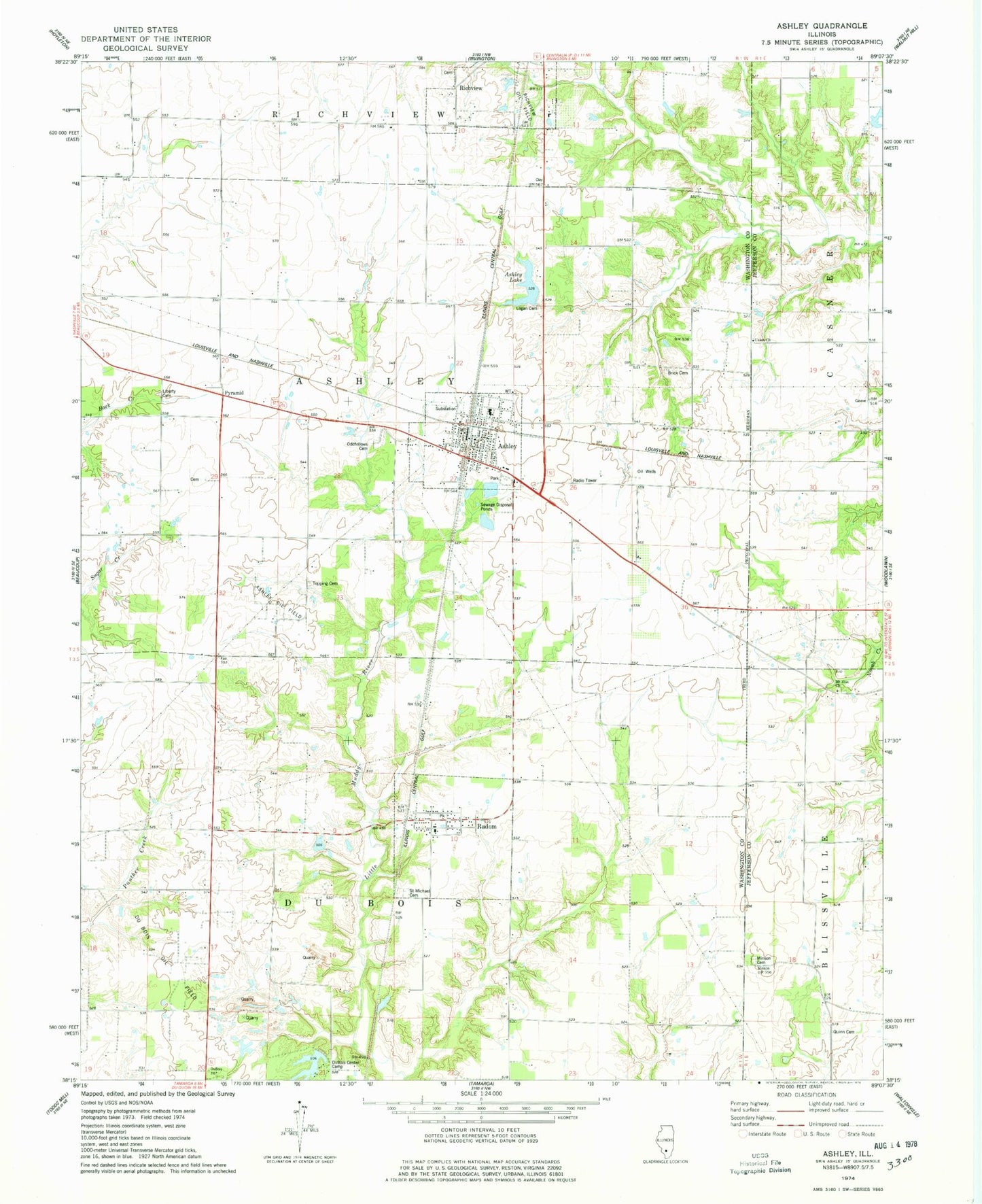 Classic USGS Ashley Illinois 7.5'x7.5' Topo Map Image
