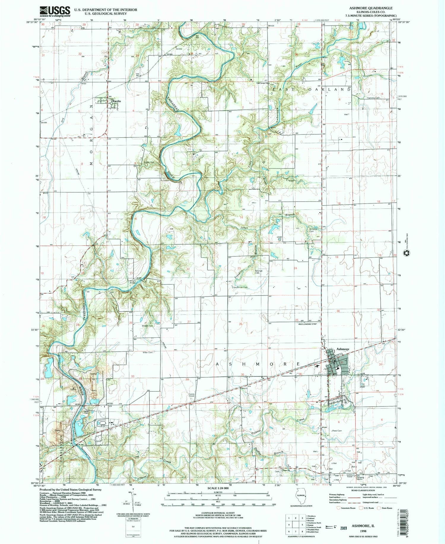 Classic USGS Ashmore Illinois 7.5'x7.5' Topo Map Image