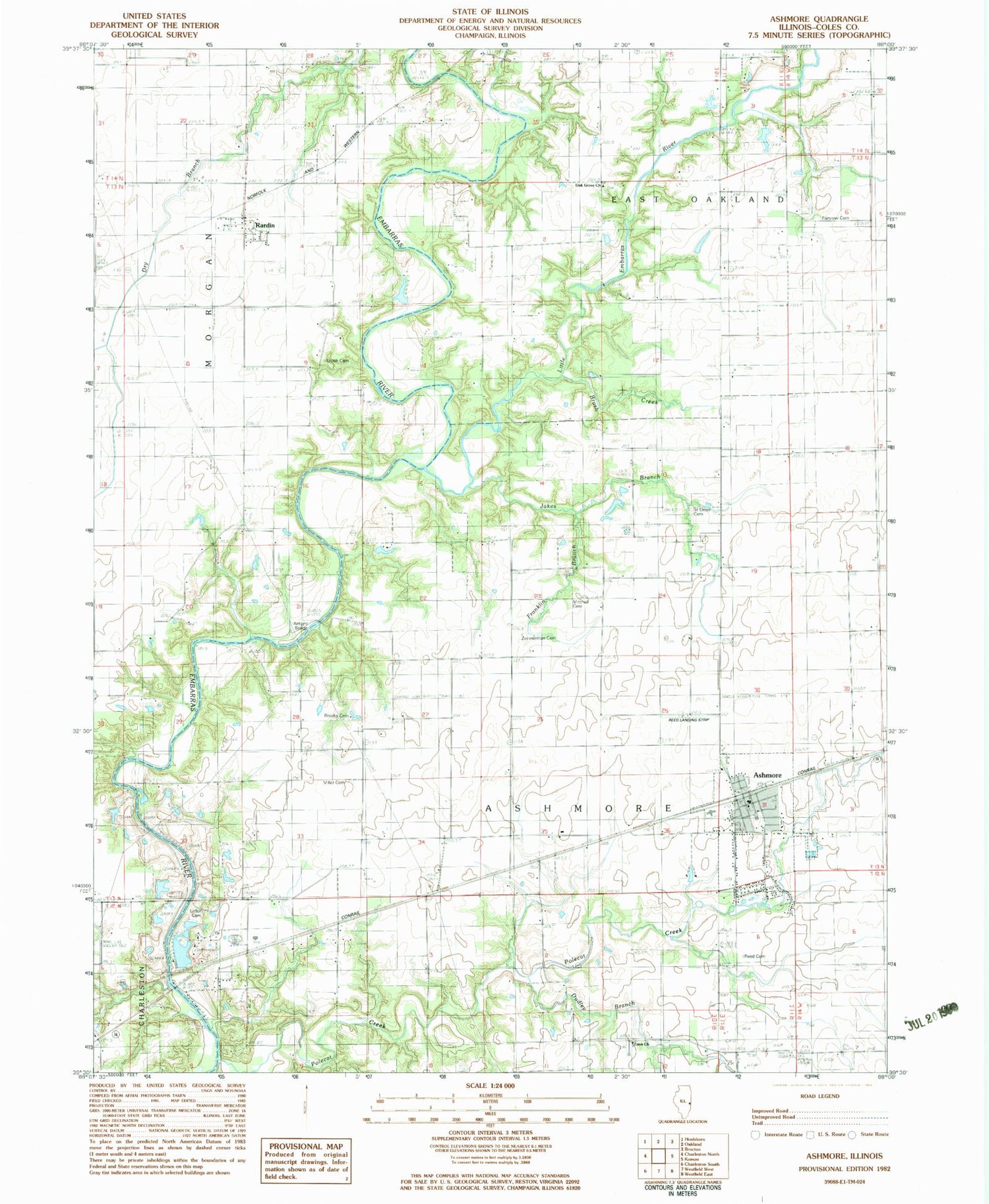 Classic USGS Ashmore Illinois 7.5'x7.5' Topo Map Image