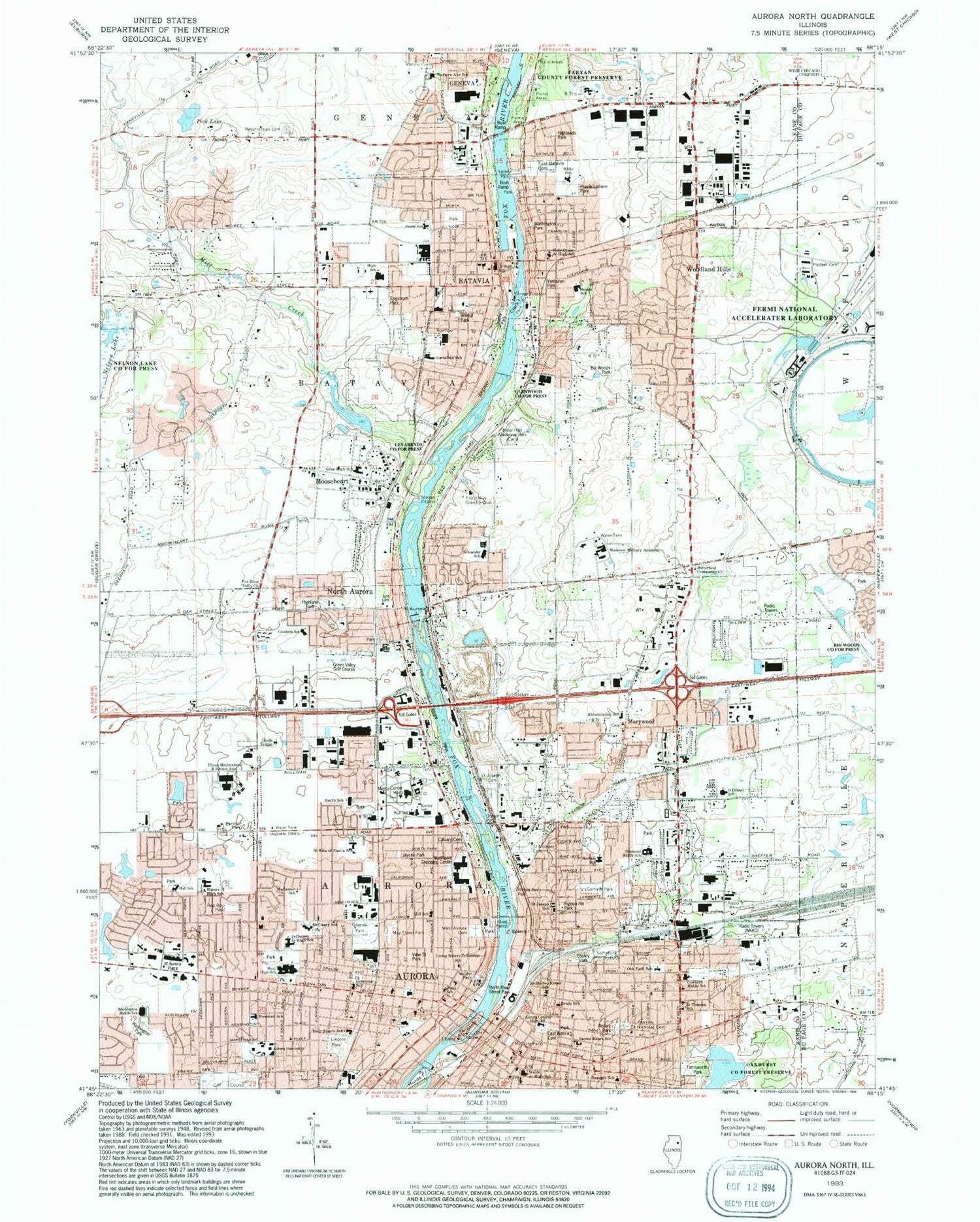 Classic USGS Aurora North Illinois 7.5'x7.5' Topo Map Image