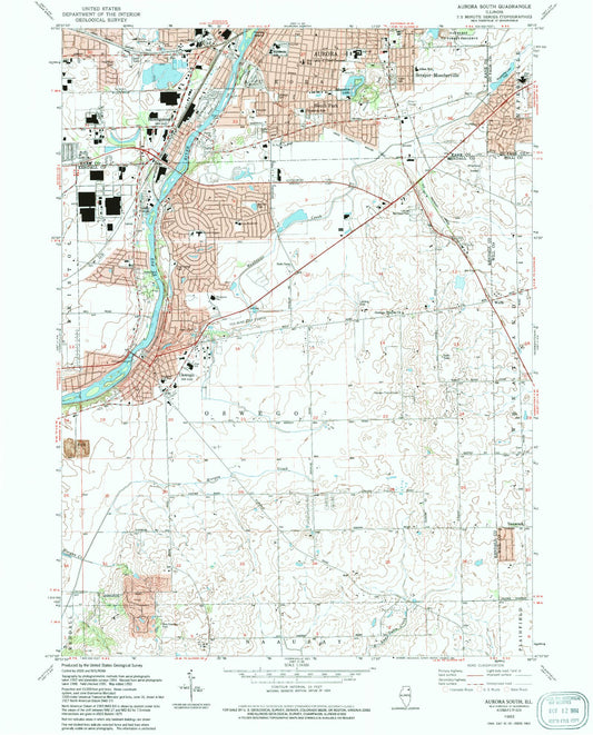 Classic USGS Aurora South Illinois 7.5'x7.5' Topo Map Image