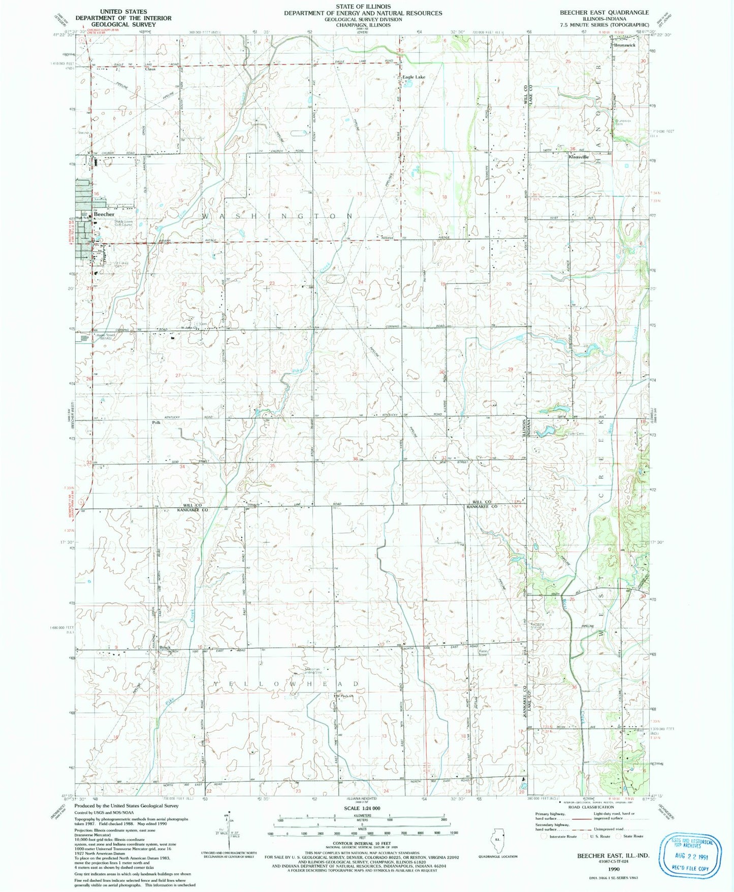 Classic USGS Beecher East Illinois 7.5'x7.5' Topo Map Image