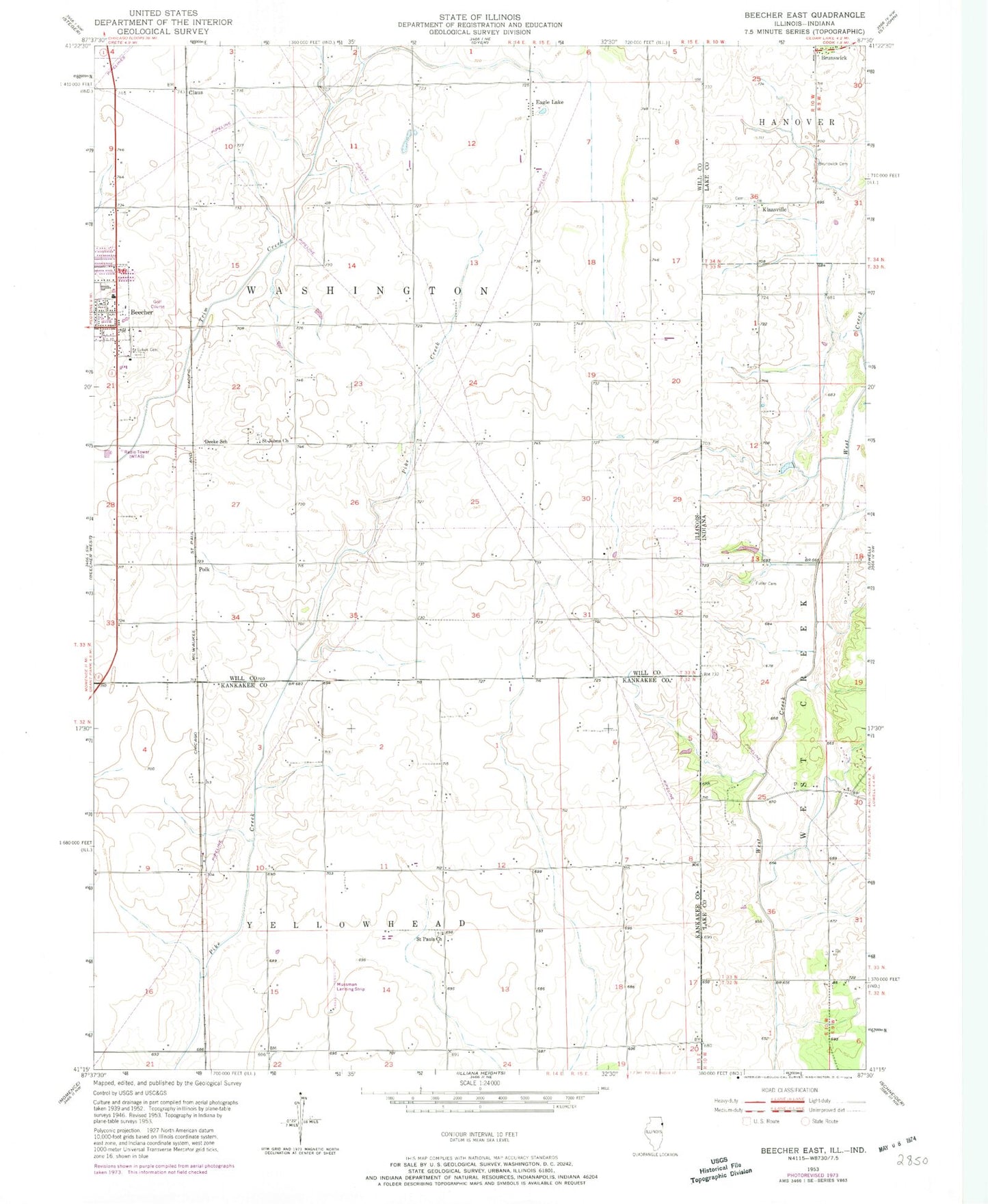 Classic USGS Beecher East Illinois 7.5'x7.5' Topo Map Image