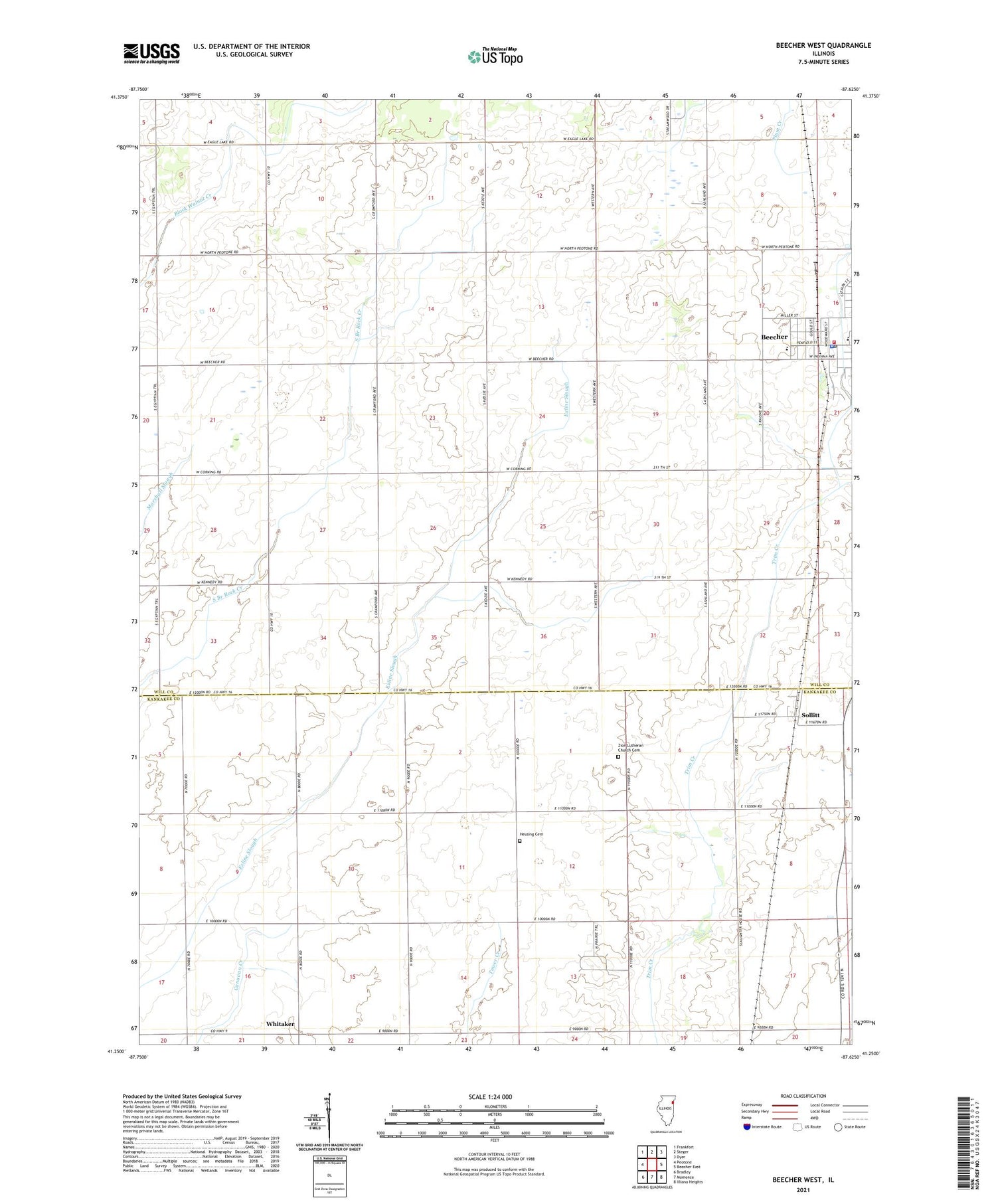 Beecher West Illinois US Topo Map Image