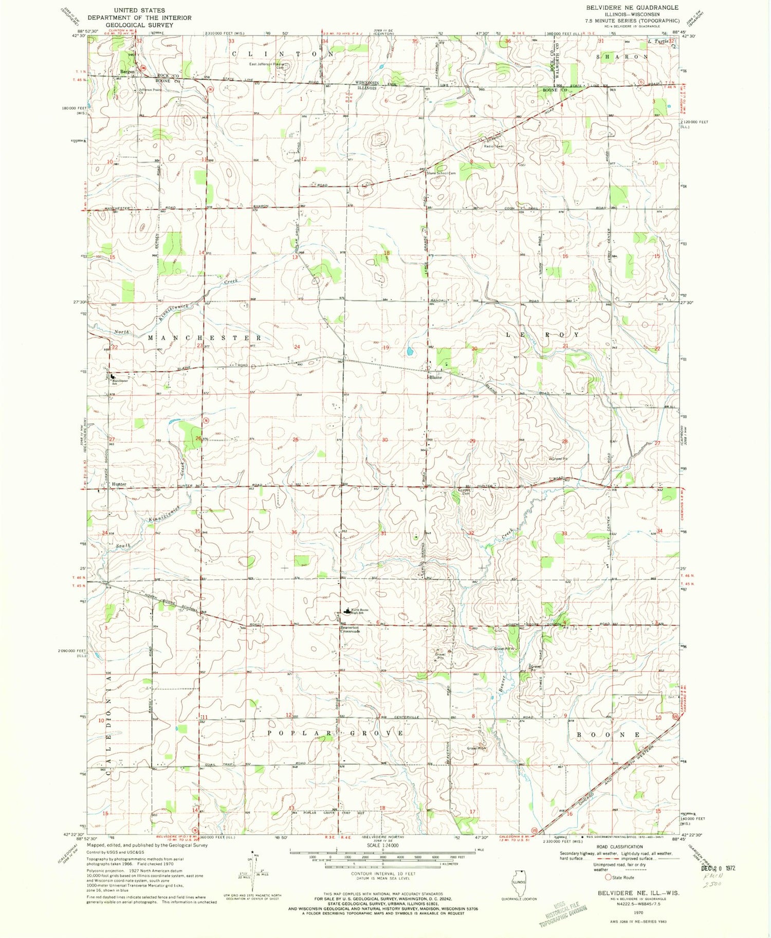 Classic USGS Belvidere NE Illinois 7.5'x7.5' Topo Map Image