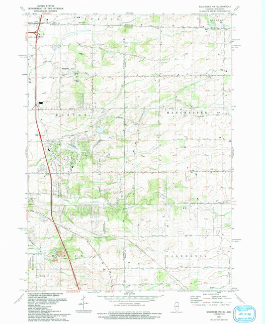 Classic USGS Belvidere NW Illinois 7.5'x7.5' Topo Map Image
