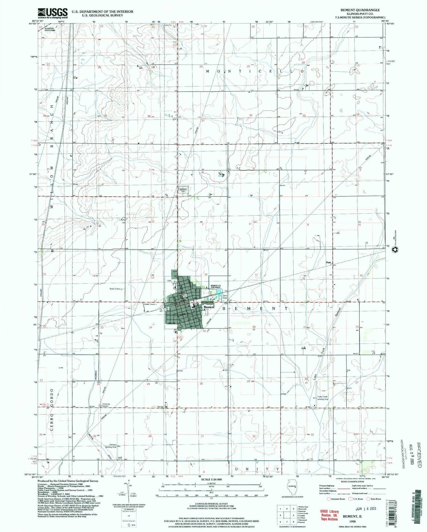 Classic USGS Bement Illinois 7.5'x7.5' Topo Map Image