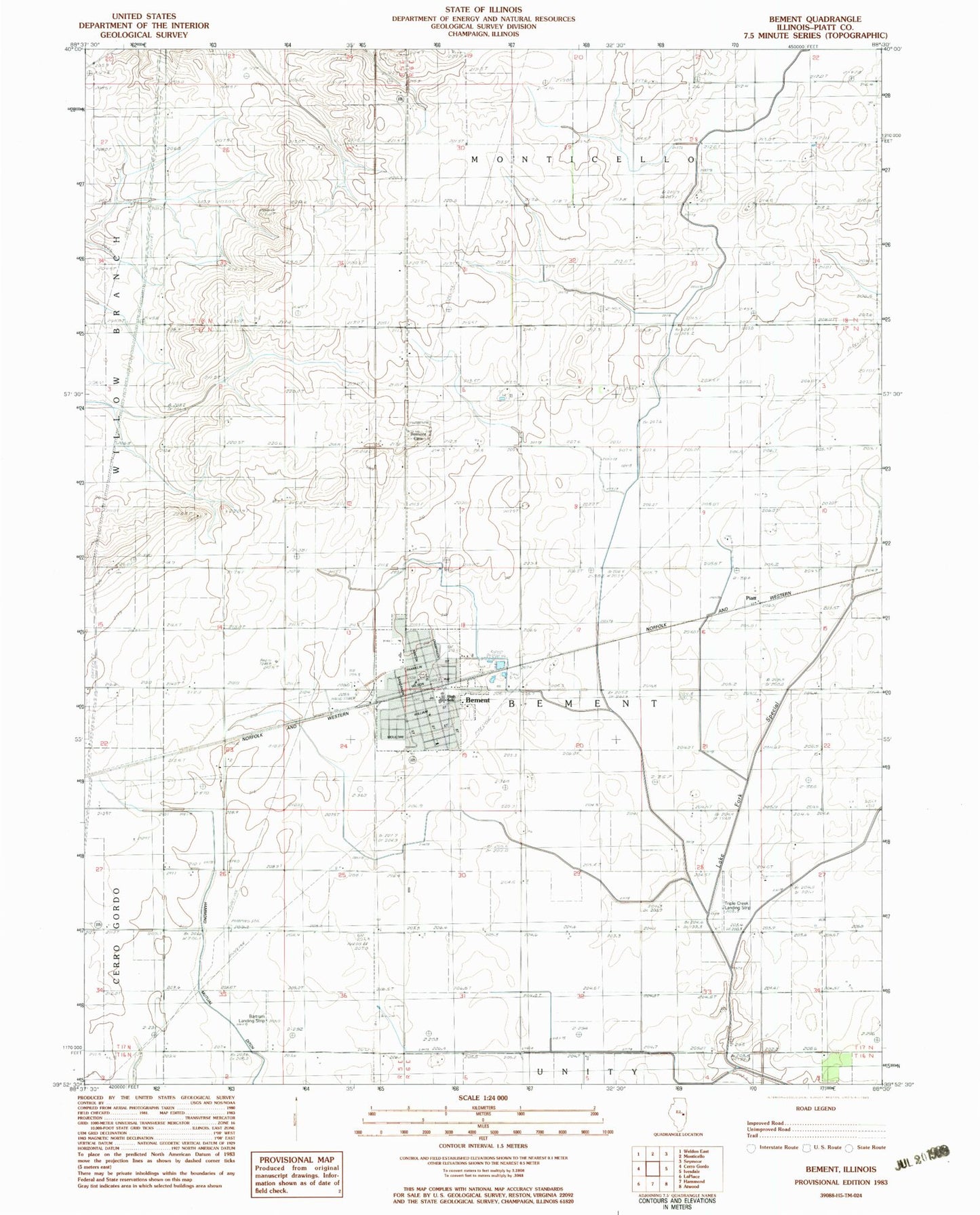 Classic USGS Bement Illinois 7.5'x7.5' Topo Map Image