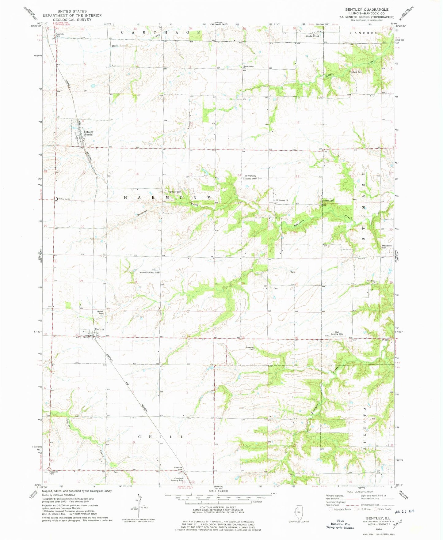 Classic USGS Bentley Illinois 7.5'x7.5' Topo Map Image