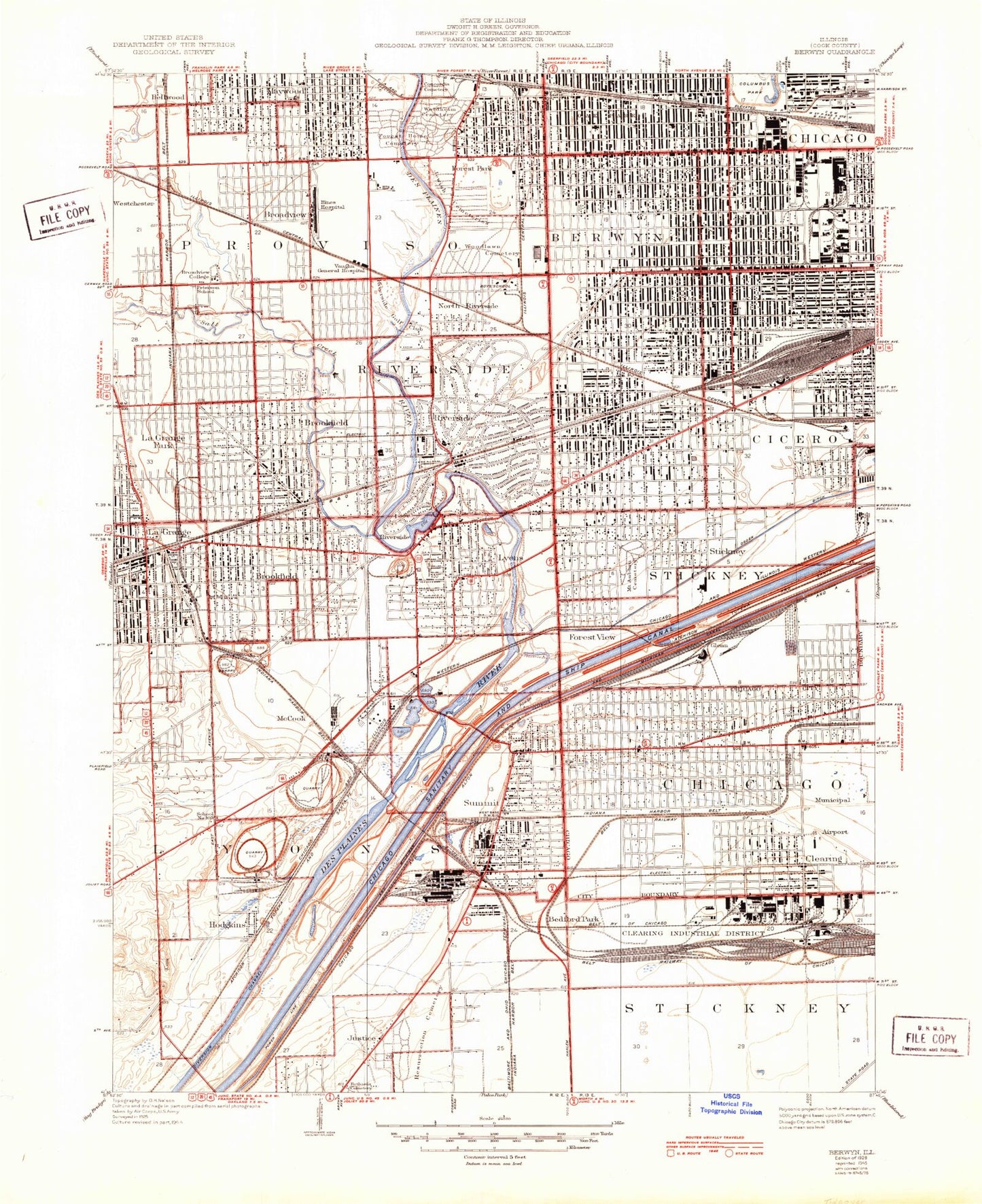 Classic USGS Berwyn Illinois 7.5'x7.5' Topo Map Image