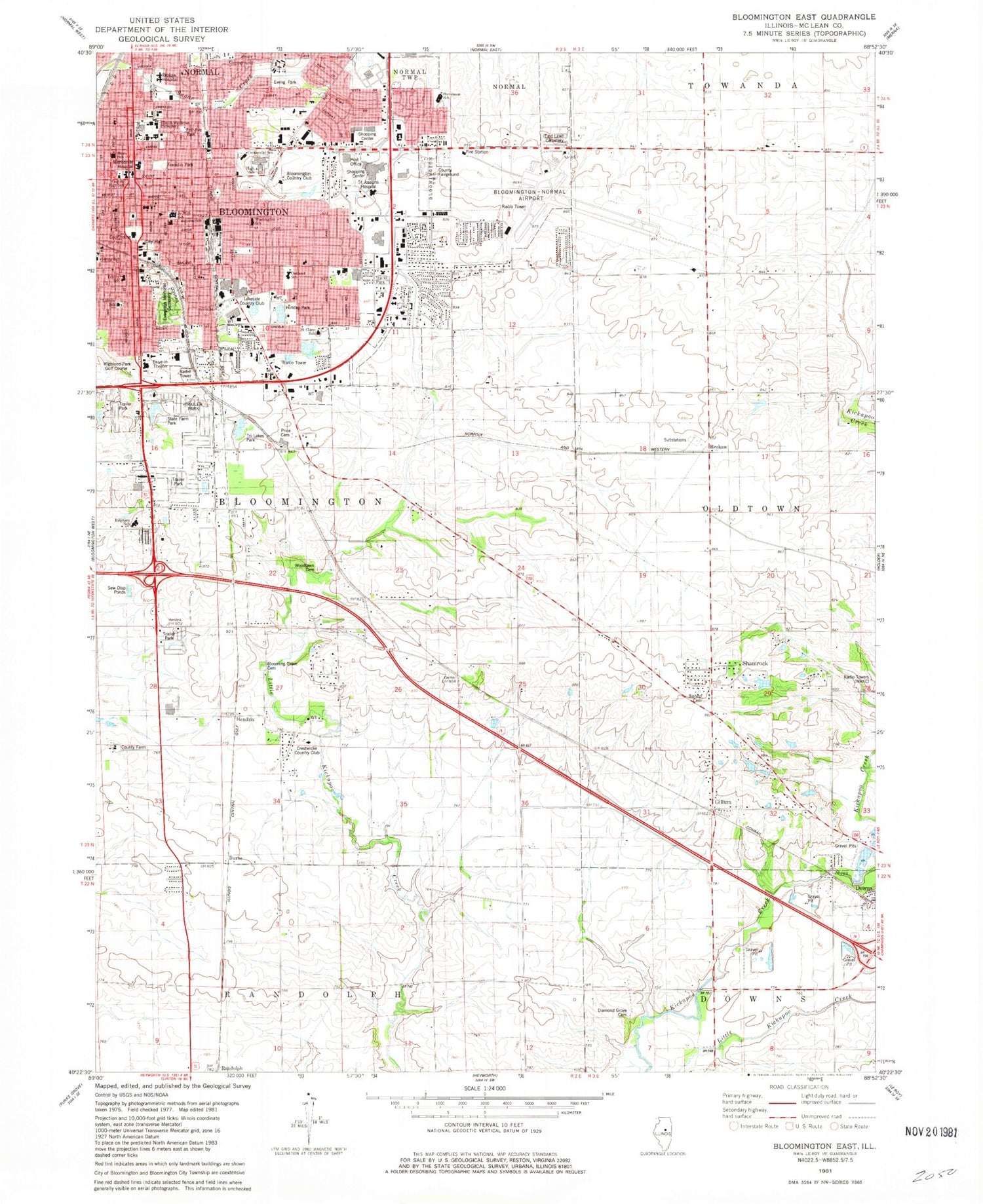 Classic USGS Bloomington East Illinois 7.5'x7.5' Topo Map Image