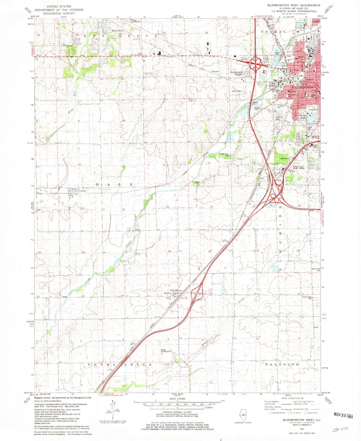 Classic USGS Bloomington West Illinois 7.5'x7.5' Topo Map Image