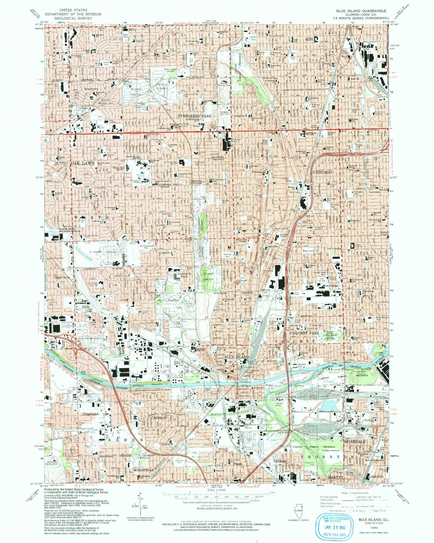 Classic USGS Blue Island Illinois 7.5'x7.5' Topo Map Image