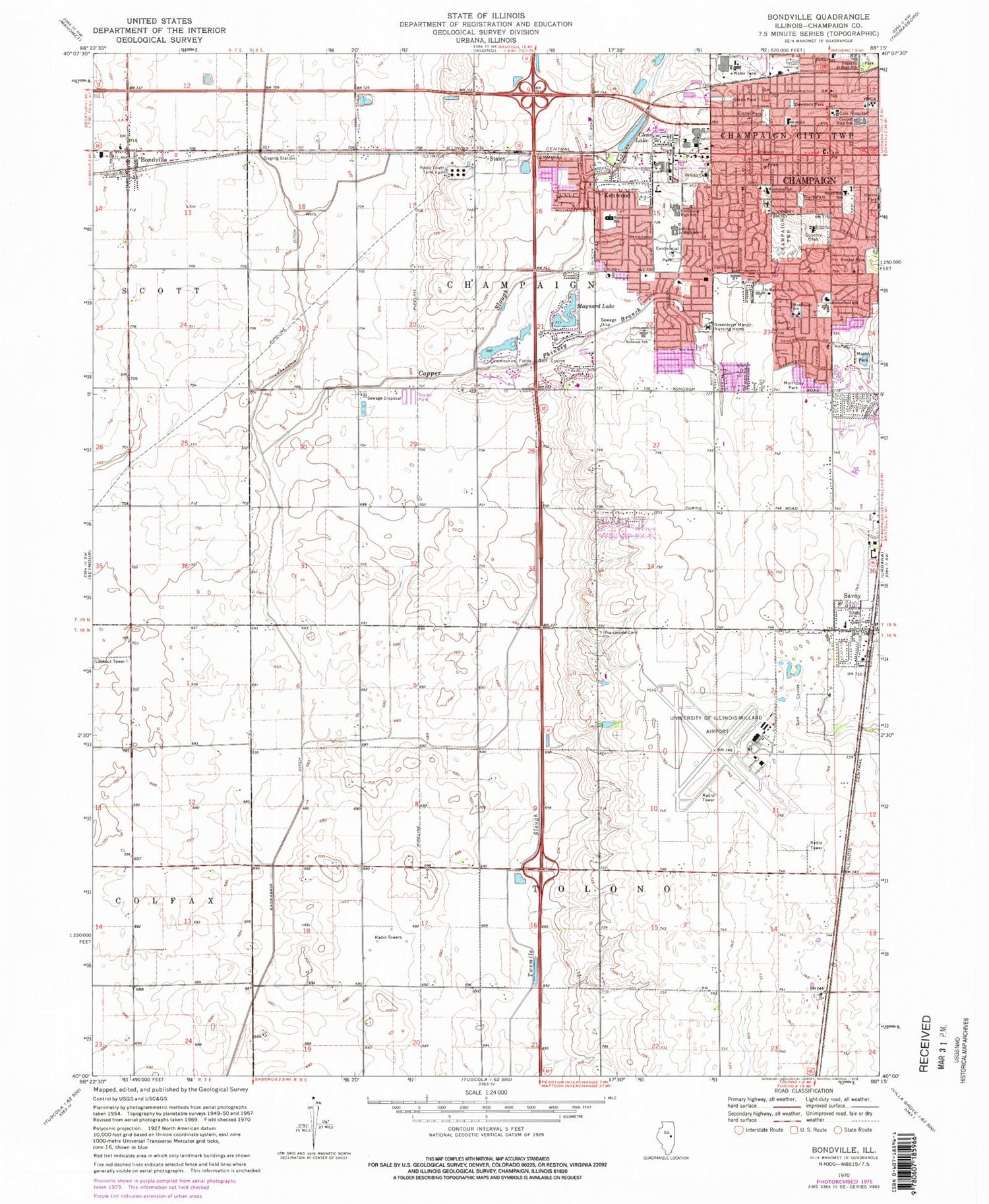 Classic USGS Bondville Illinois 7.5'x7.5' Topo Map Image