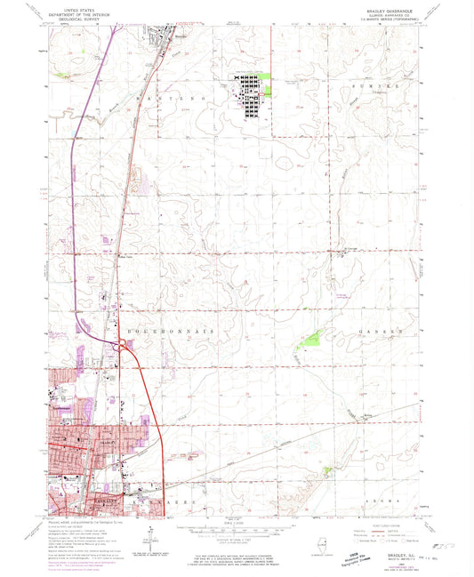 Classic USGS Bradley Illinois 7.5'x7.5' Topo Map Image