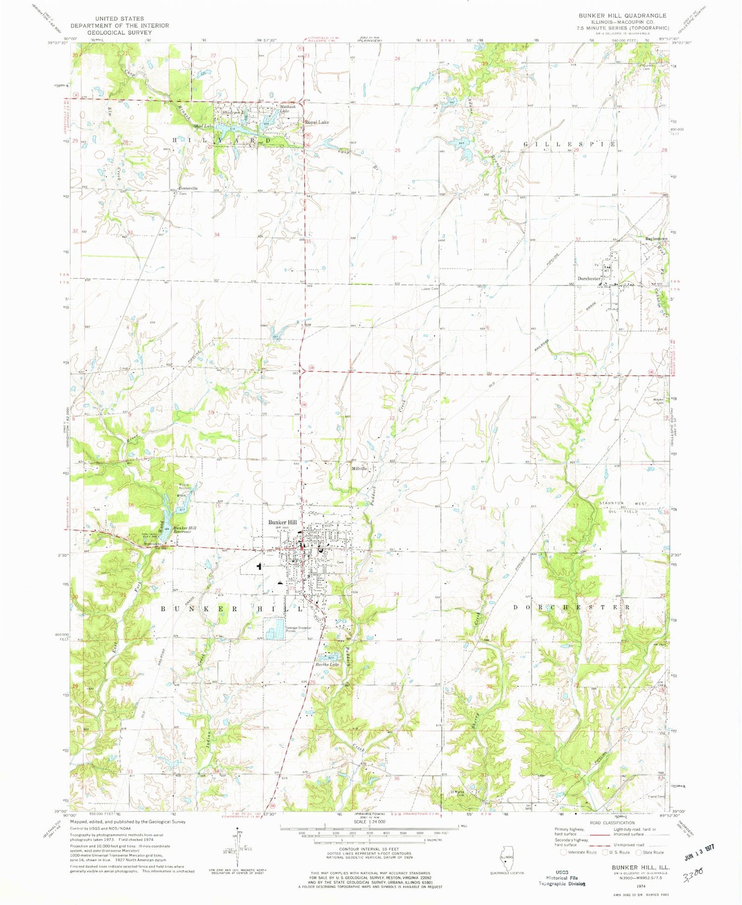 Classic USGS Bunker Hill Illinois 7.5'x7.5' Topo Map Image