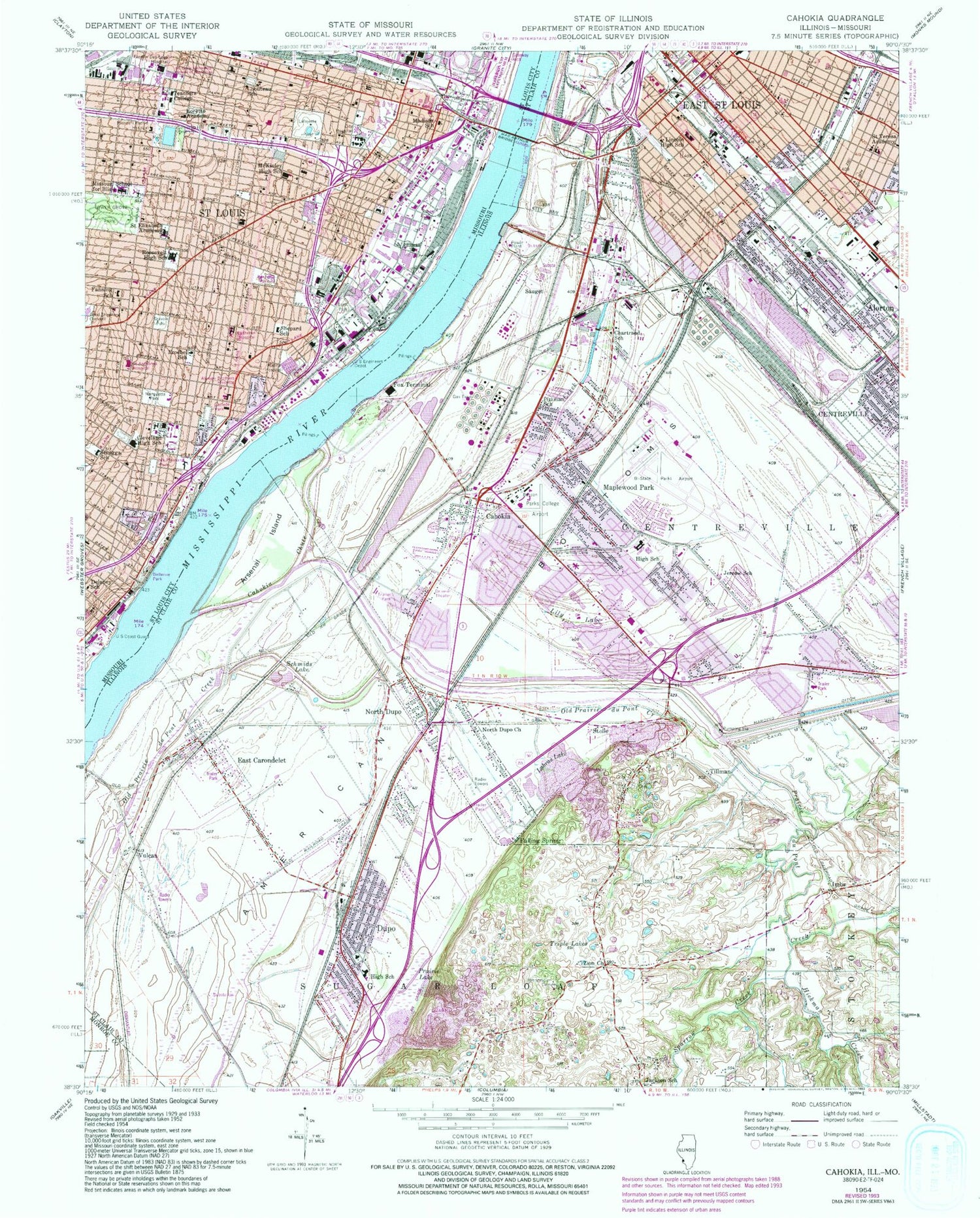 Classic USGS Cahokia Illinois 7.5'x7.5' Topo Map Image