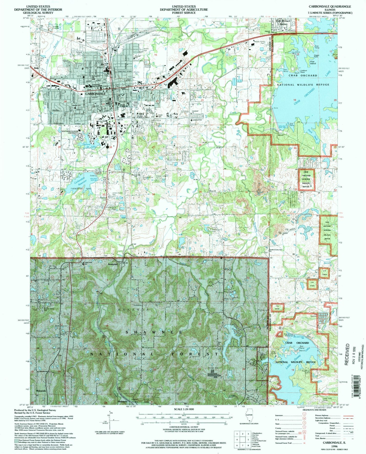 Classic USGS Carbondale Illinois 7.5'x7.5' Topo Map Image