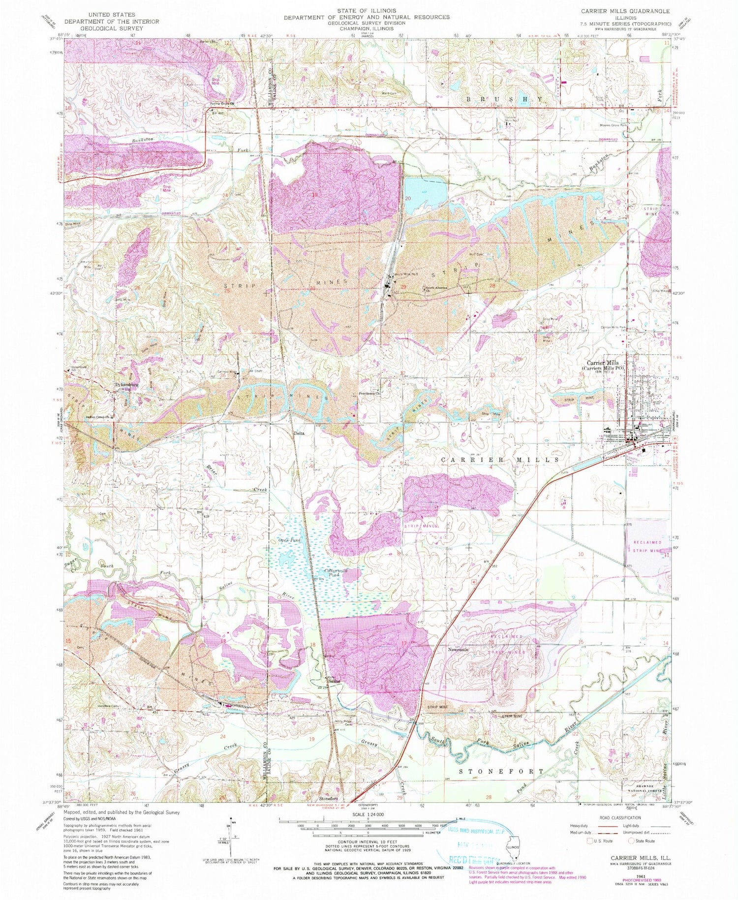 Classic USGS Carrier Mills Illinois 7.5'x7.5' Topo Map Image