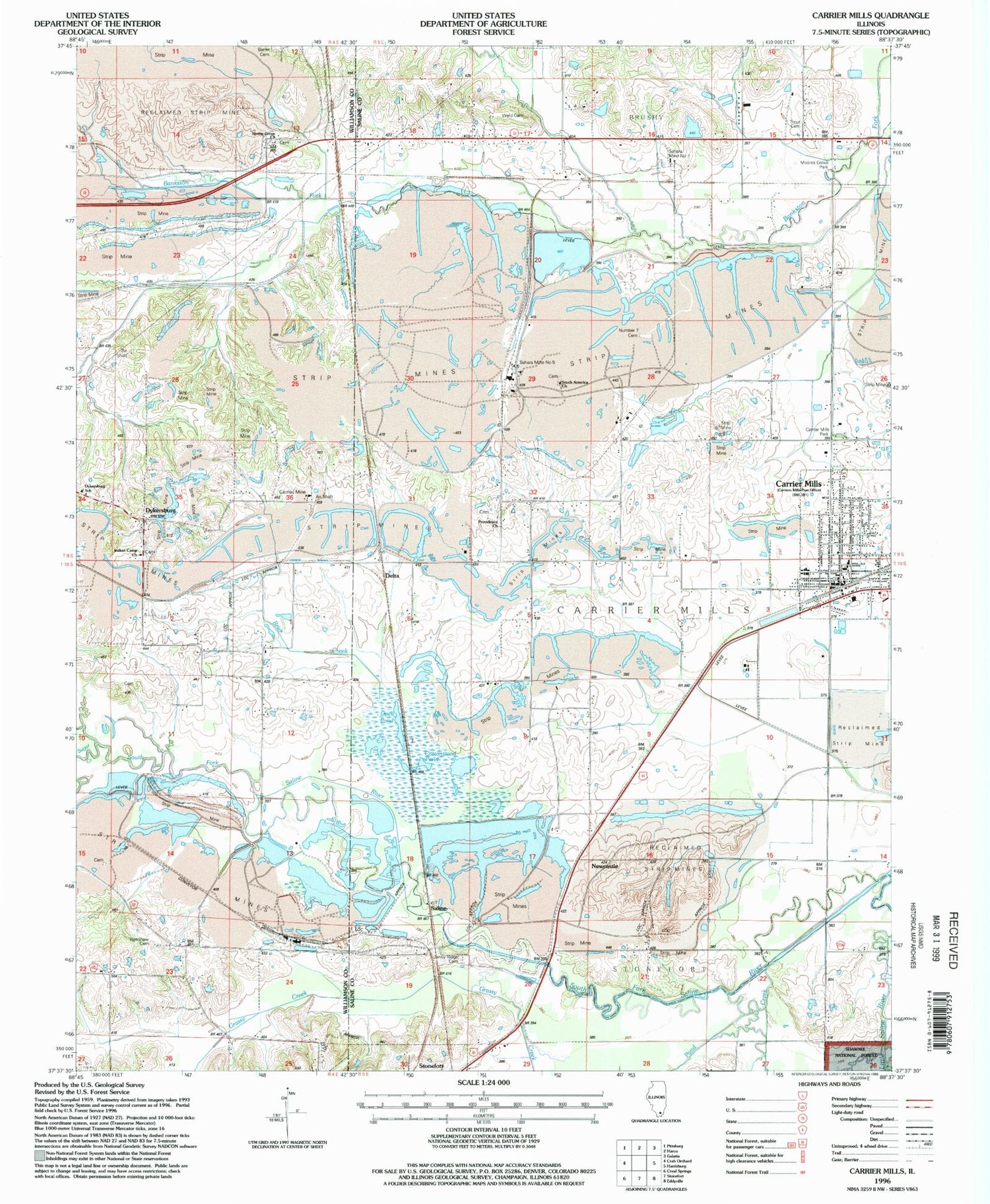 Classic USGS Carrier Mills Illinois 7.5'x7.5' Topo Map Image