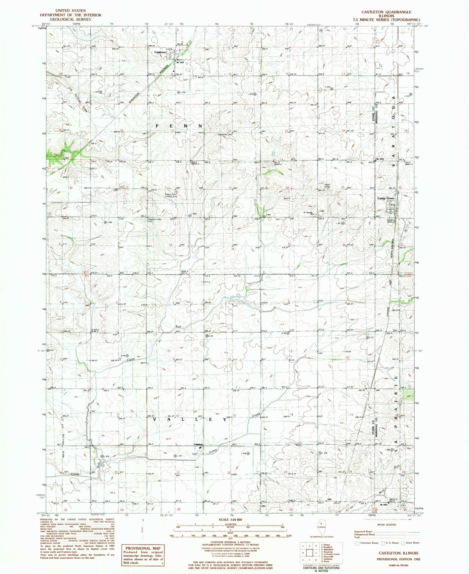 Classic USGS Castleton Illinois 7.5'x7.5' Topo Map Image