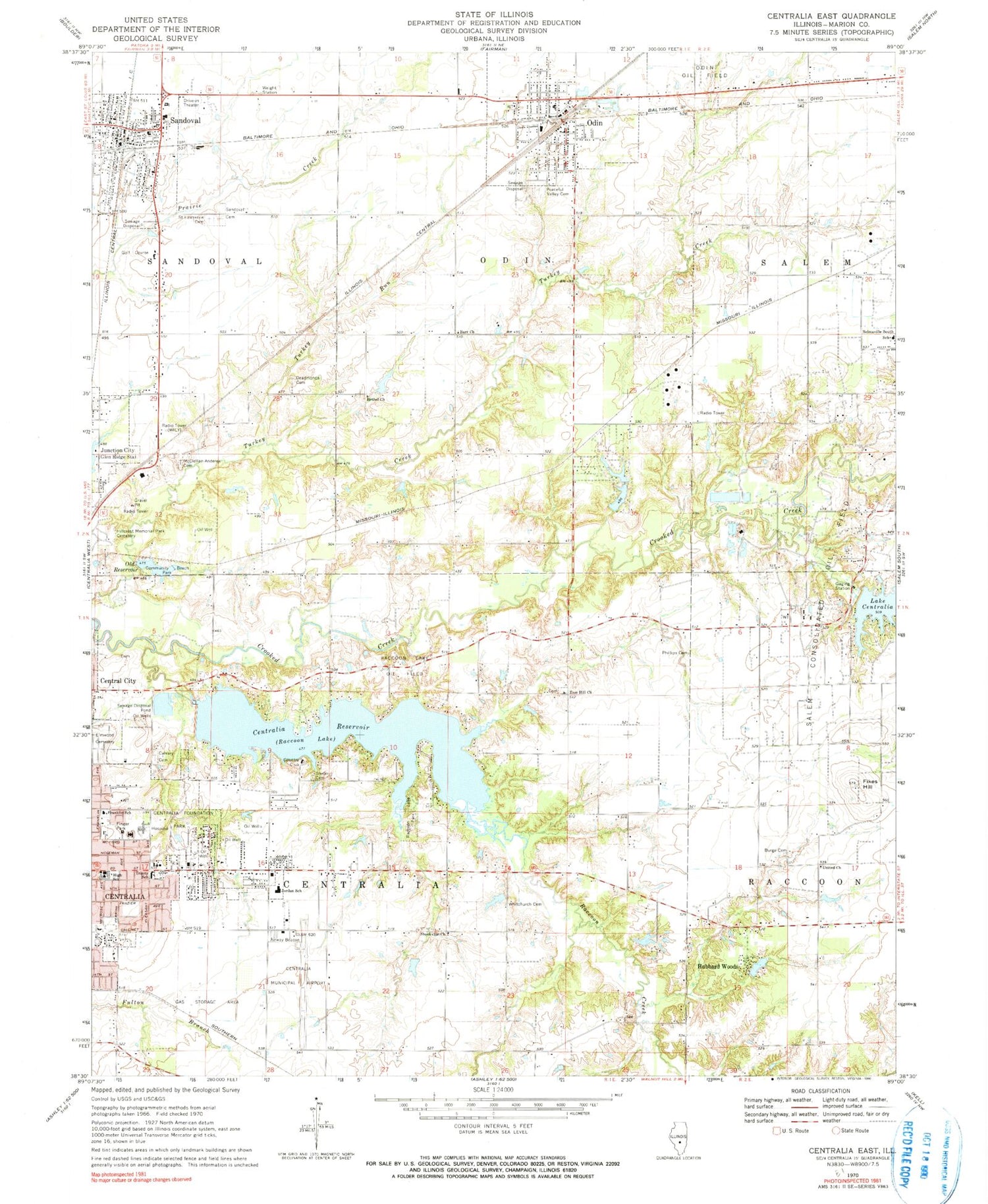 Classic USGS Centralia East Illinois 7.5'x7.5' Topo Map Image