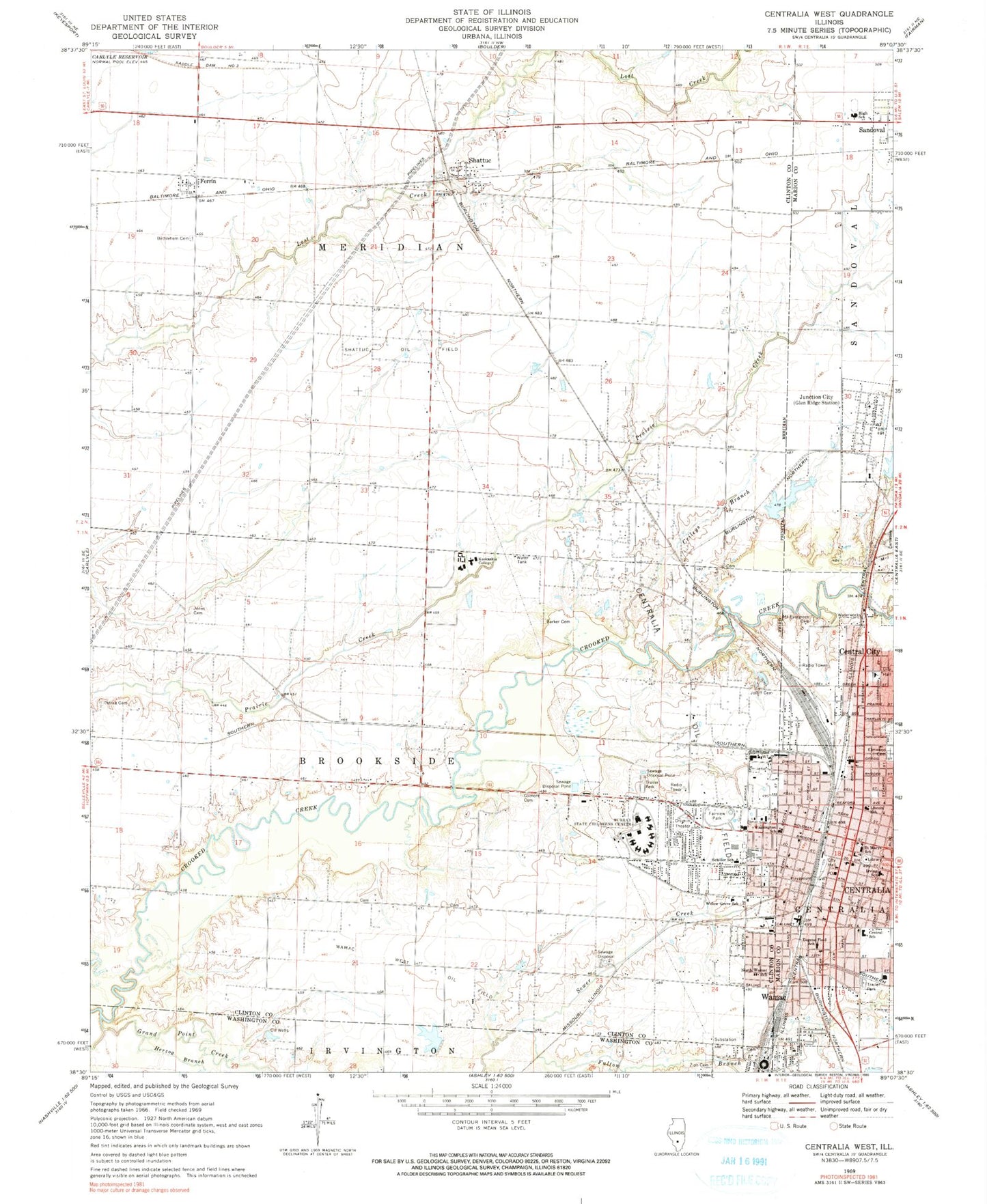 Classic USGS Centralia West Illinois 7.5'x7.5' Topo Map Image