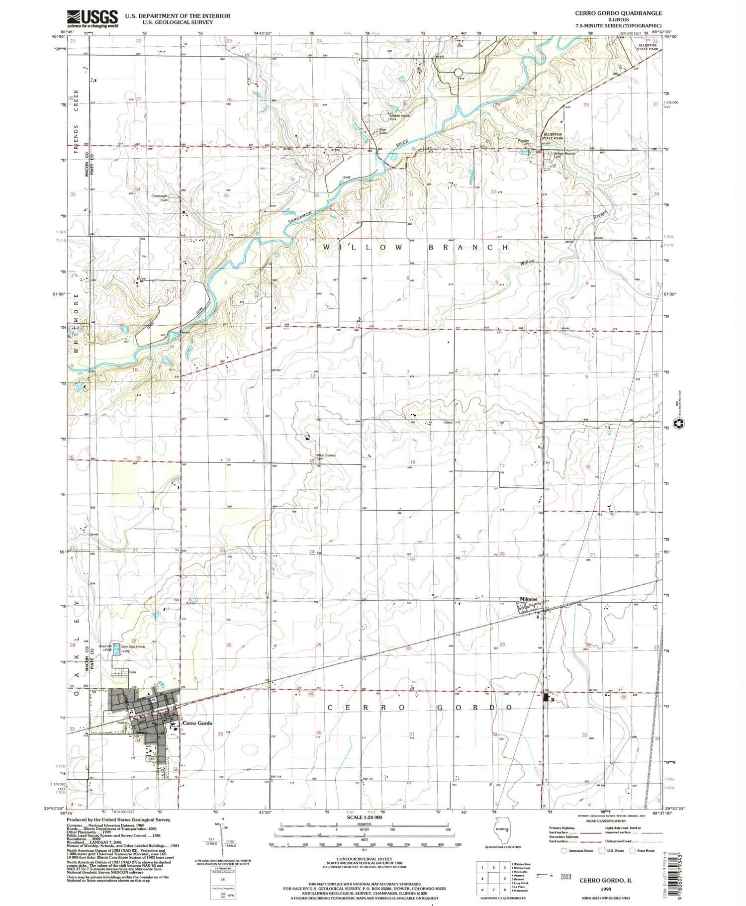 Classic USGS Cerro Gordo Illinois 7.5'x7.5' Topo Map Image