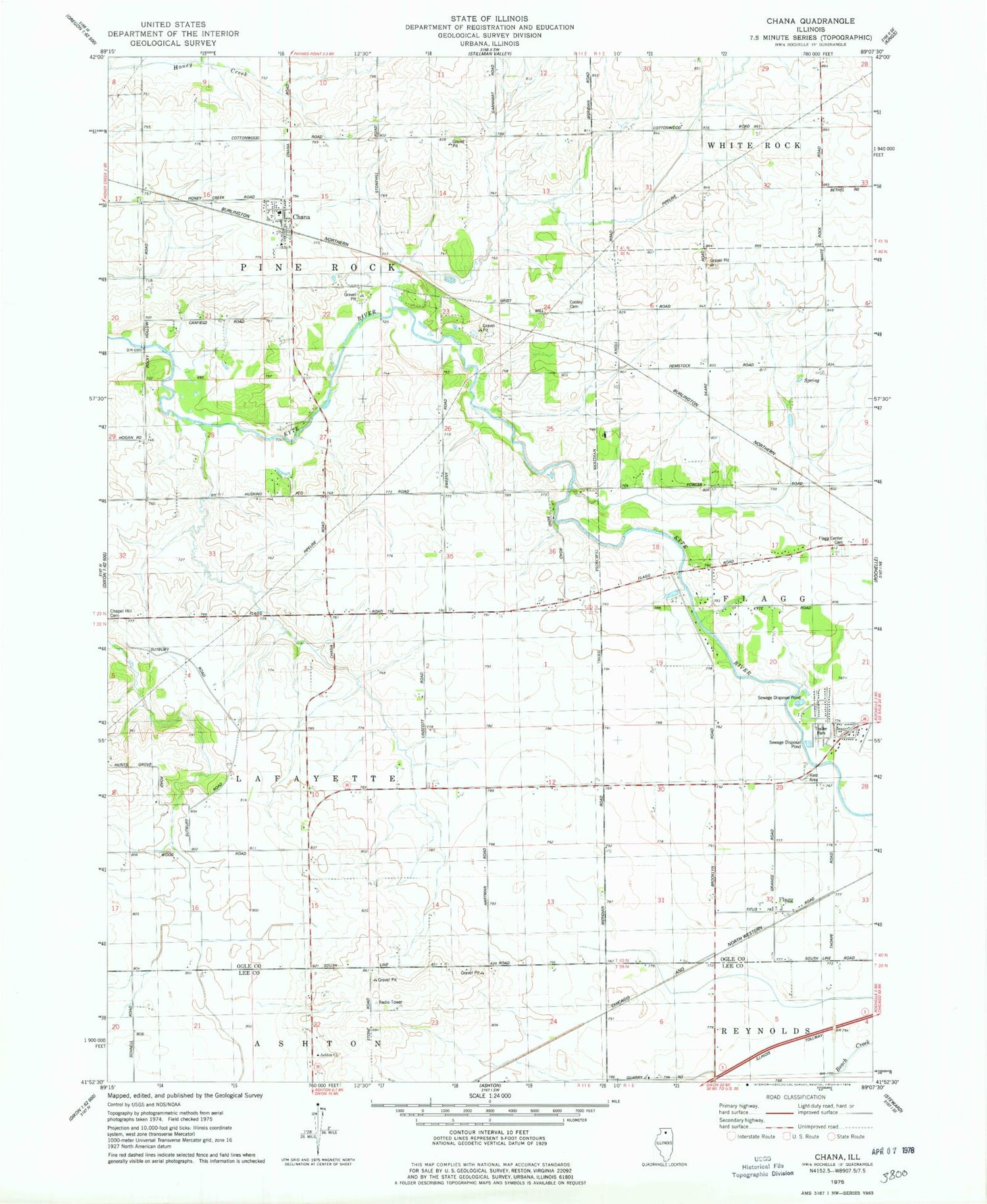 Classic USGS Chana Illinois 7.5'x7.5' Topo Map Image