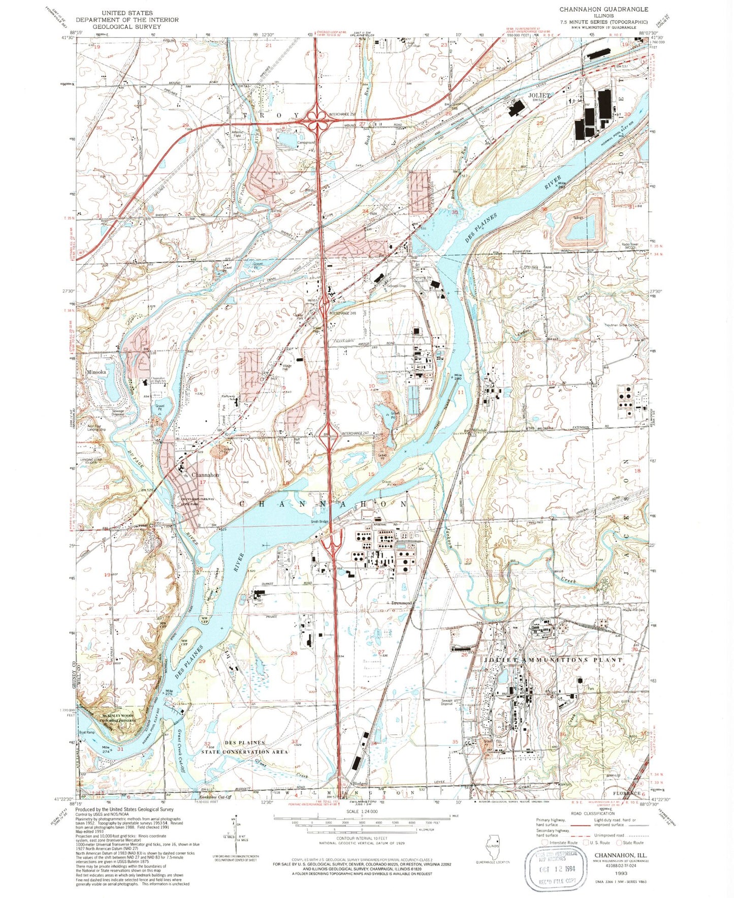 Classic USGS Channahon Illinois 7.5'x7.5' Topo Map Image