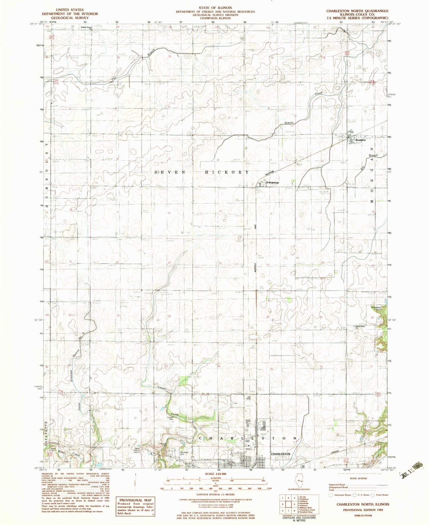 Classic USGS Charleston North Illinois 7.5'x7.5' Topo Map Image