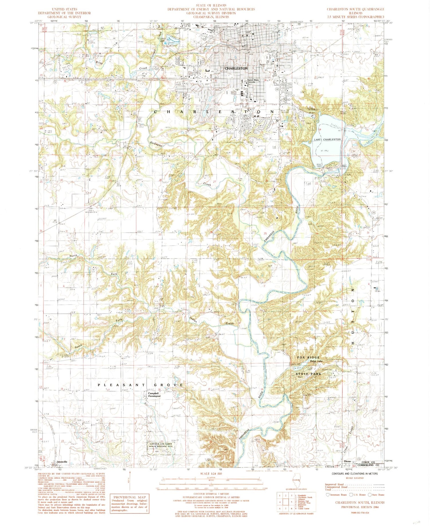 Classic USGS Charleston South Illinois 7.5'x7.5' Topo Map Image