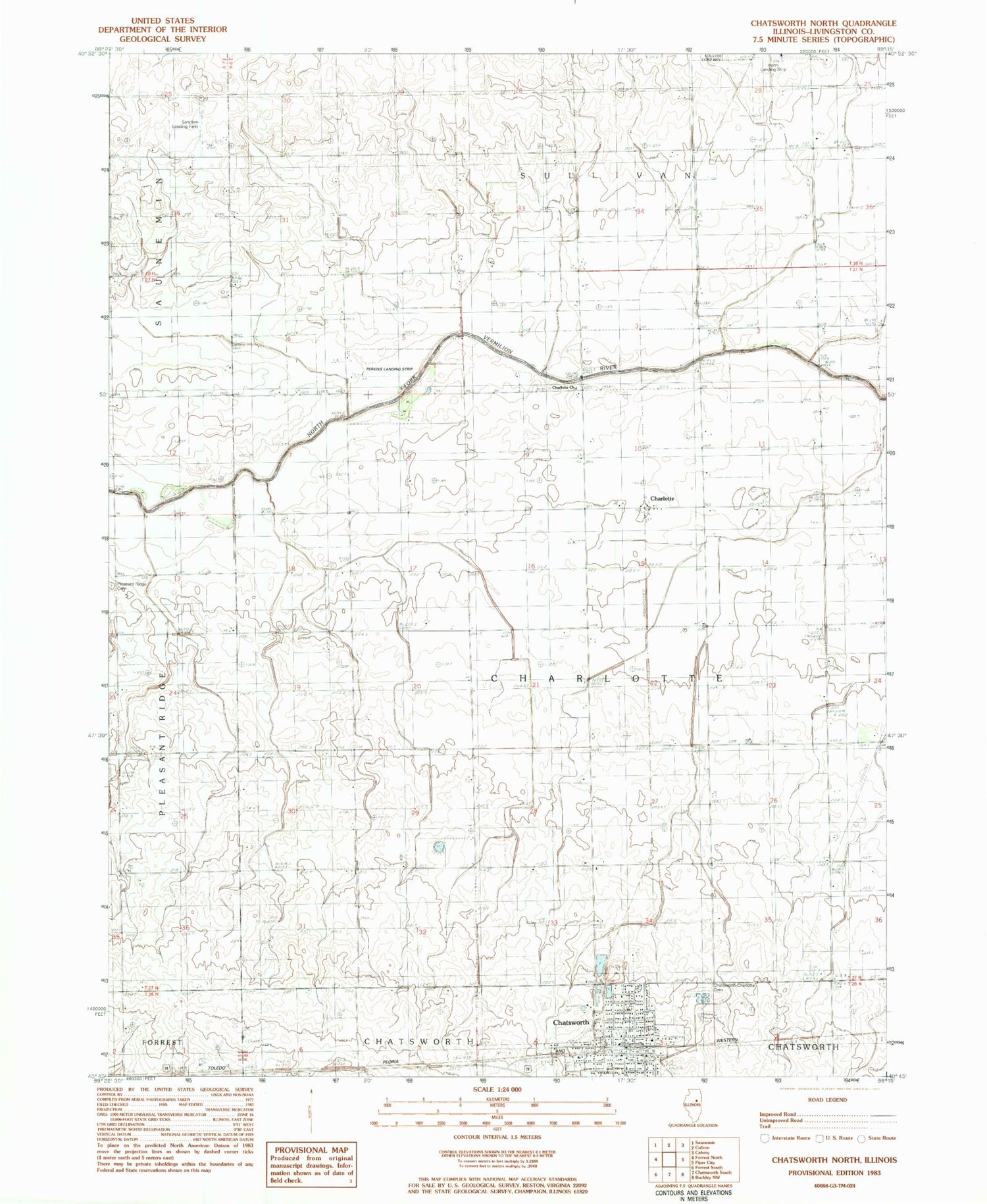 Classic USGS Chatsworth North Illinois 7.5'x7.5' Topo Map Image
