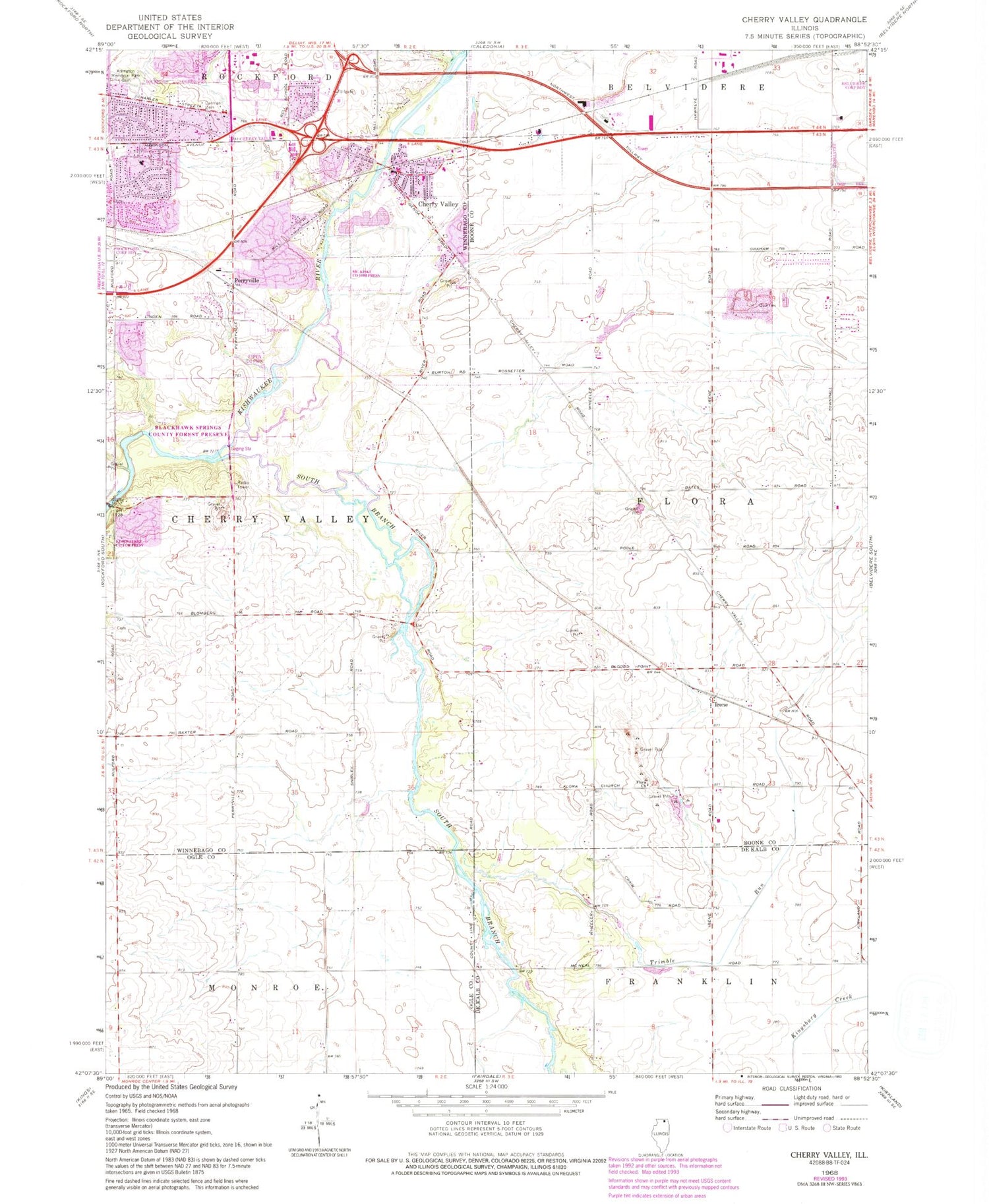 Classic USGS Cherry Valley Illinois 7.5'x7.5' Topo Map Image
