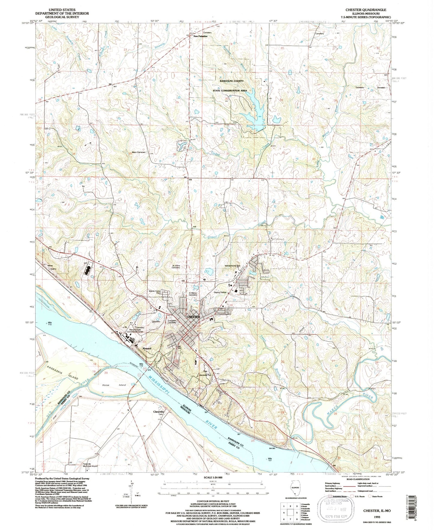 Classic USGS Chester Illinois 7.5'x7.5' Topo Map Image