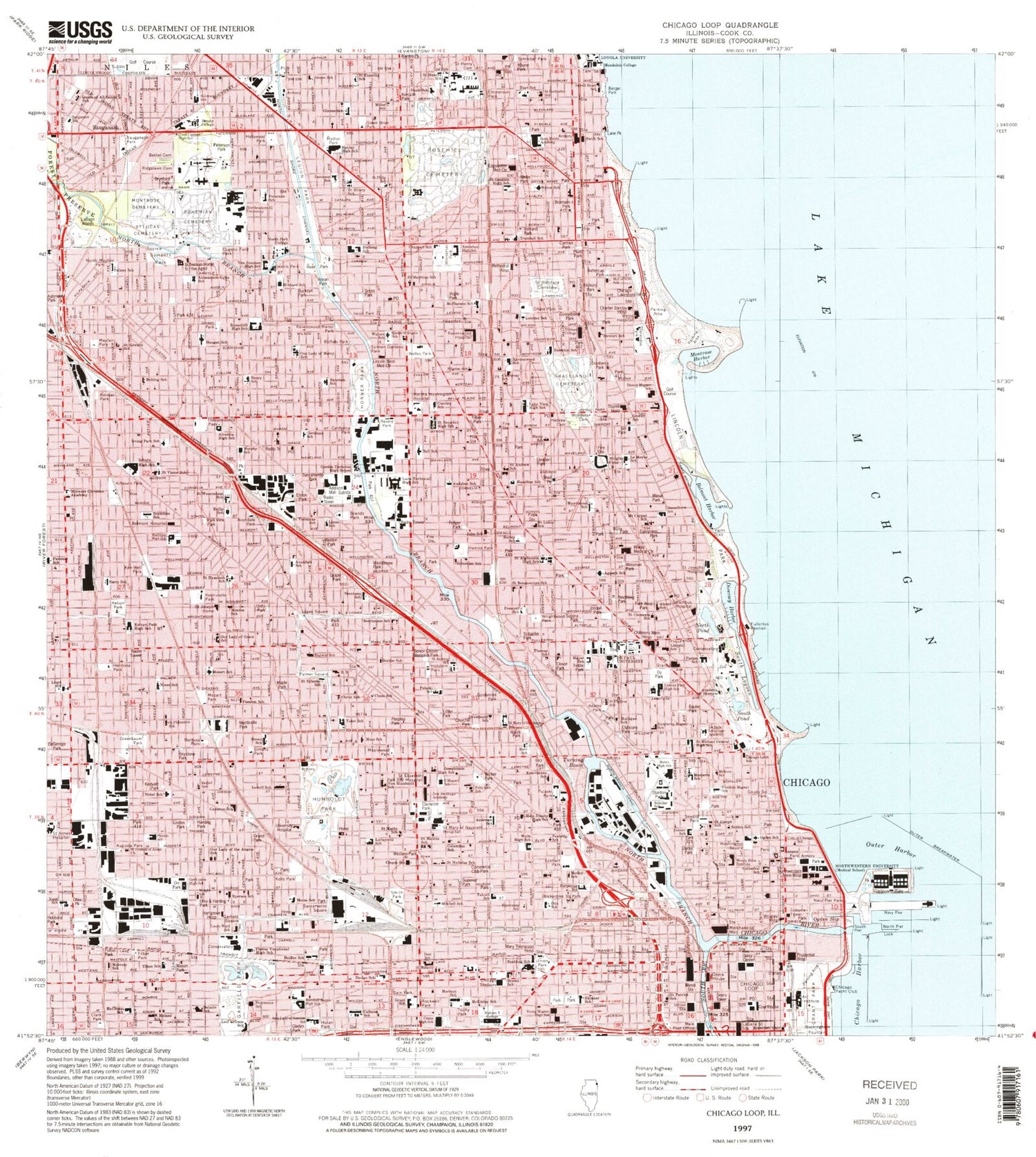 Classic USGS Chicago Loop Illinois 7.5'x7.5' Topo Map Image