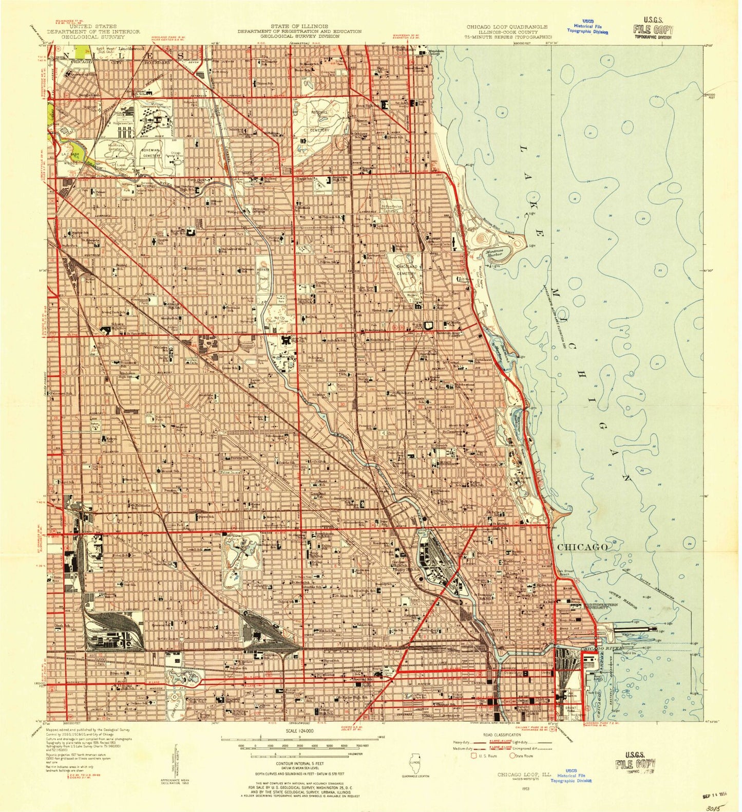 Classic USGS Chicago Loop Illinois 7.5'x7.5' Topo Map Image