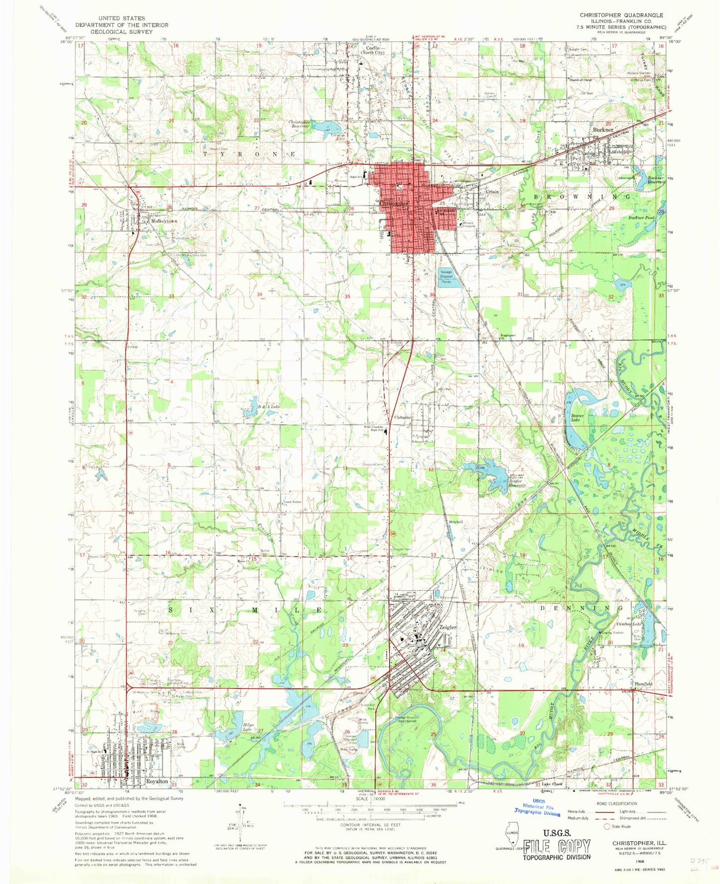 Classic USGS Christopher Illinois 7.5'x7.5' Topo Map Image