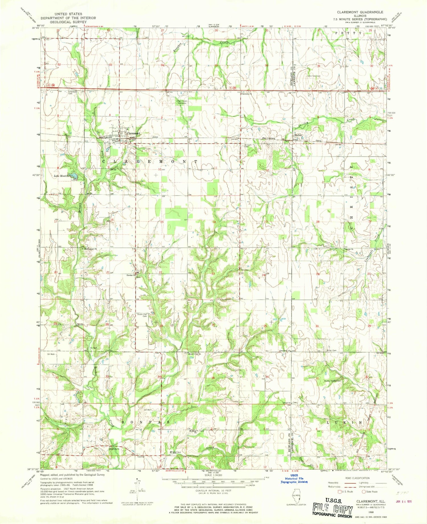 Classic USGS Claremont Illinois 7.5'x7.5' Topo Map Image