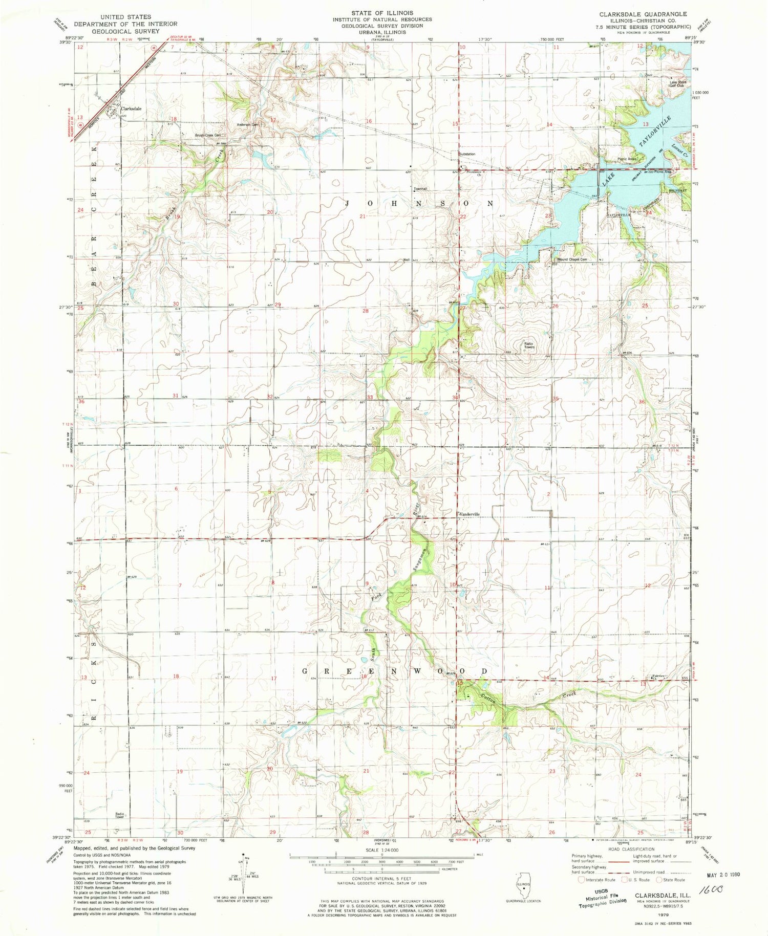 Classic USGS Clarksdale Illinois 7.5'x7.5' Topo Map Image