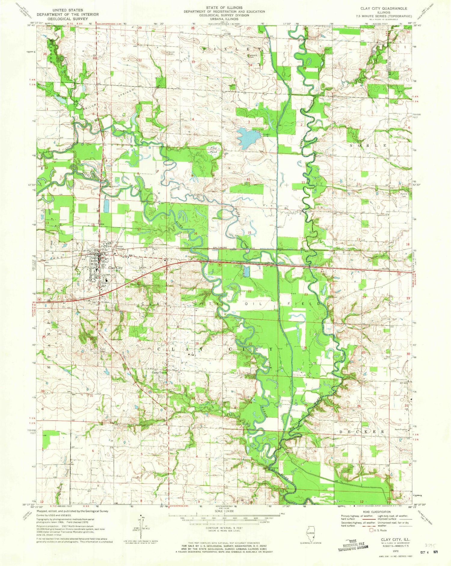 Classic USGS Clay City Illinois 7.5'x7.5' Topo Map Image
