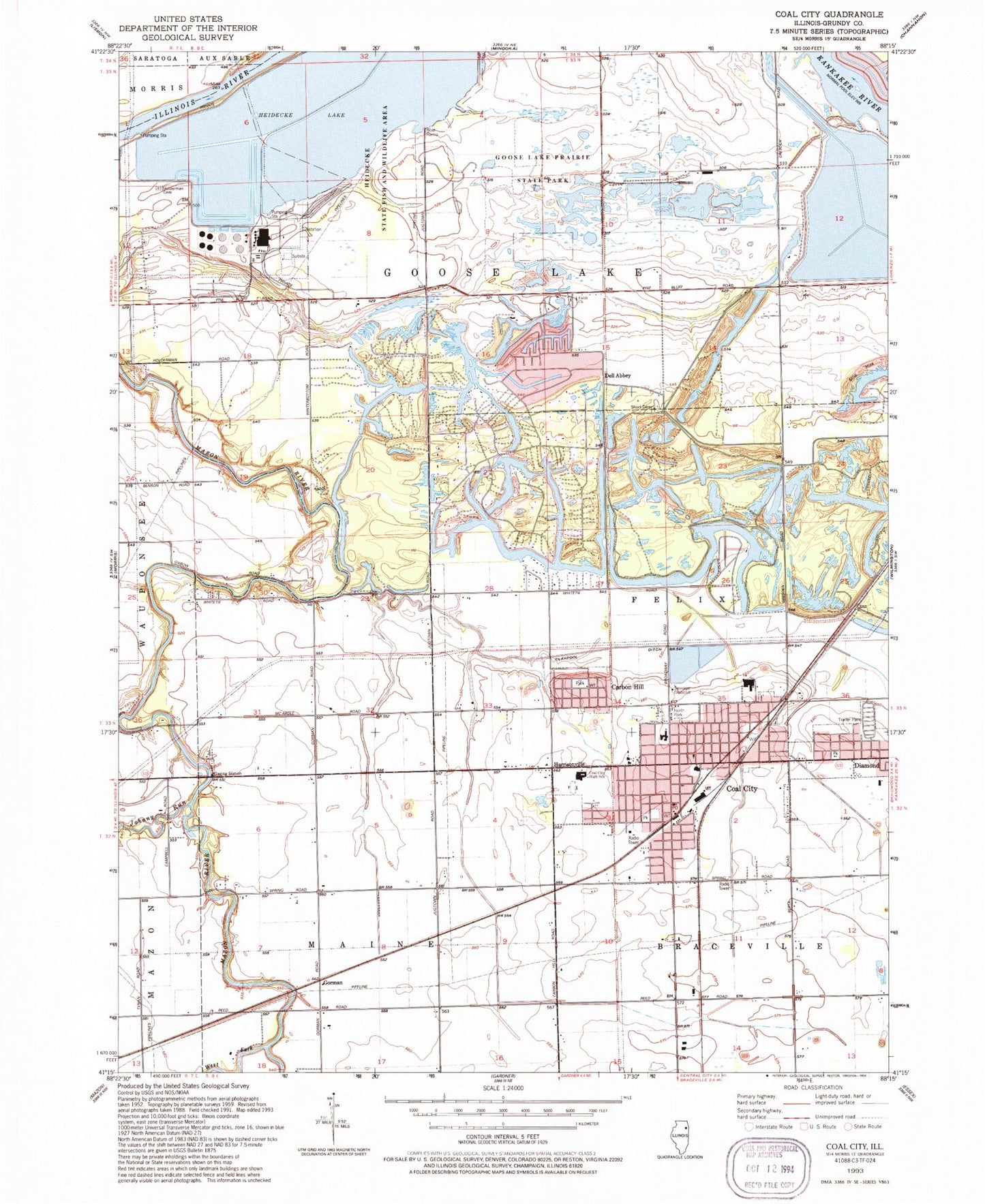 Classic USGS Coal City Illinois 7.5'x7.5' Topo Map Image