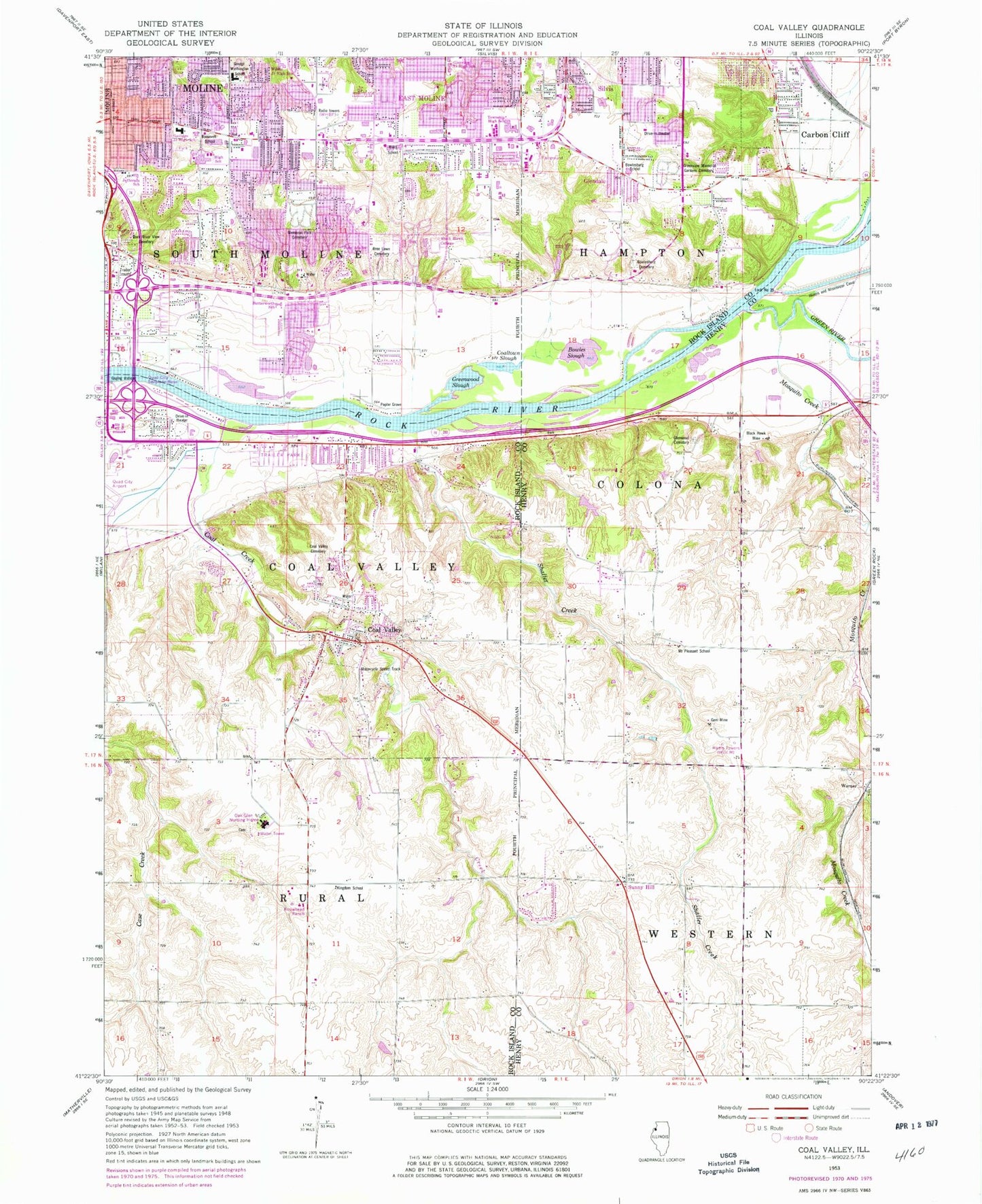 Classic USGS Coal Valley Illinois 7.5'x7.5' Topo Map Image