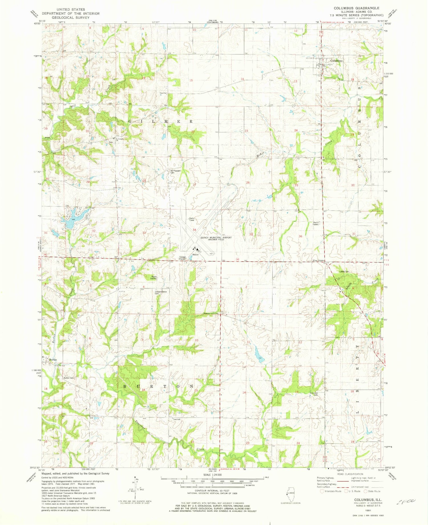 Classic USGS Columbus Illinois 7.5'x7.5' Topo Map Image