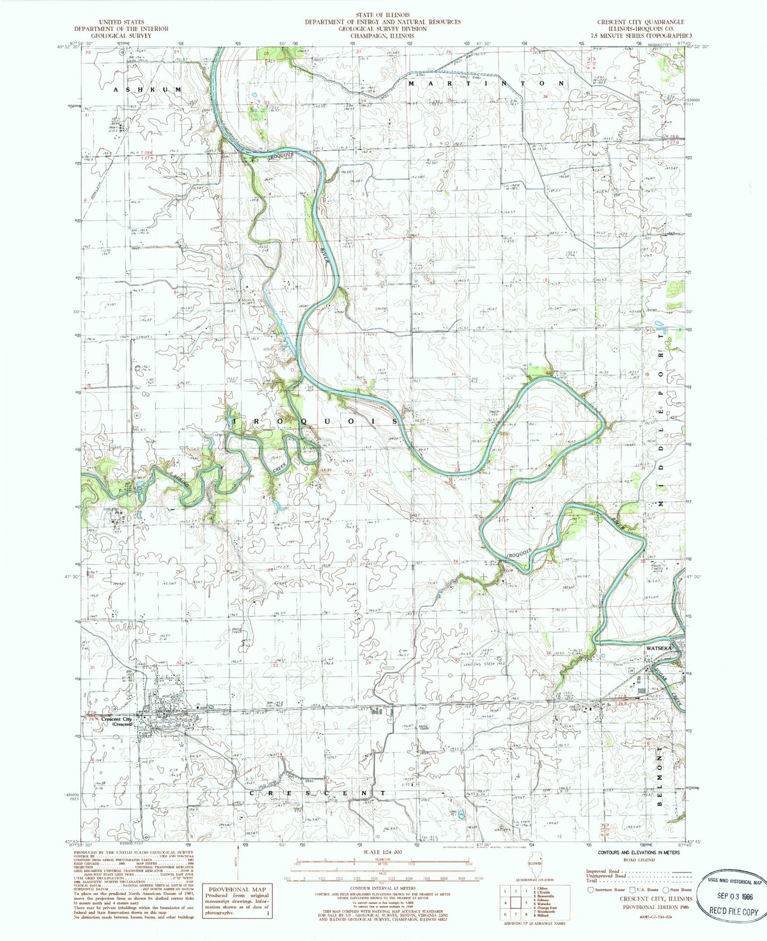 Classic USGS Crescent City Illinois 7.5'x7.5' Topo Map Image