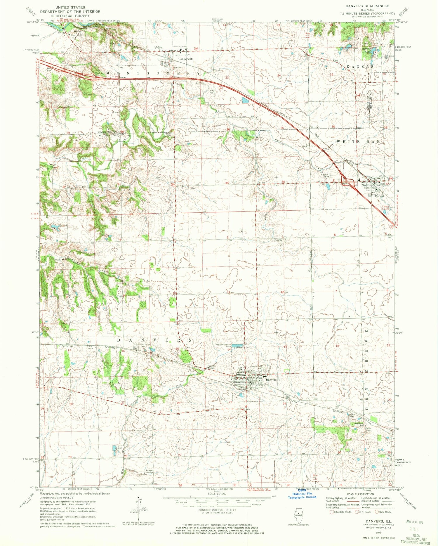 Classic USGS Danvers Illinois 7.5'x7.5' Topo Map Image