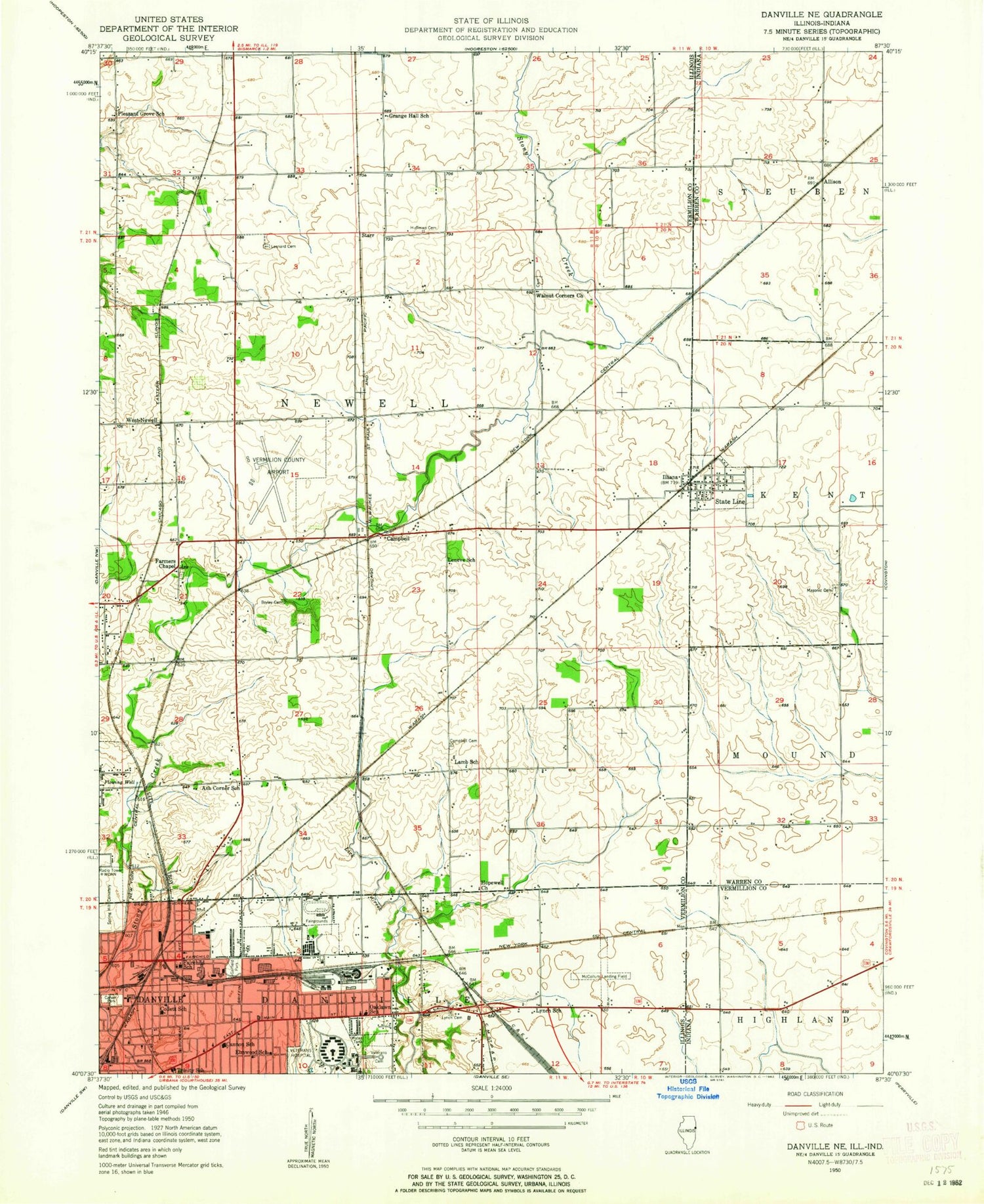 Classic USGS Danville NE Illinois 7.5'x7.5' Topo Map Image